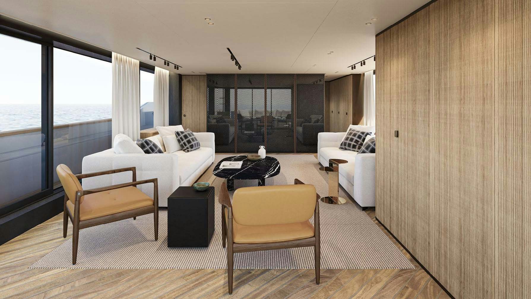 a living room with a couch and a table aboard AKIRA Yacht for Charter