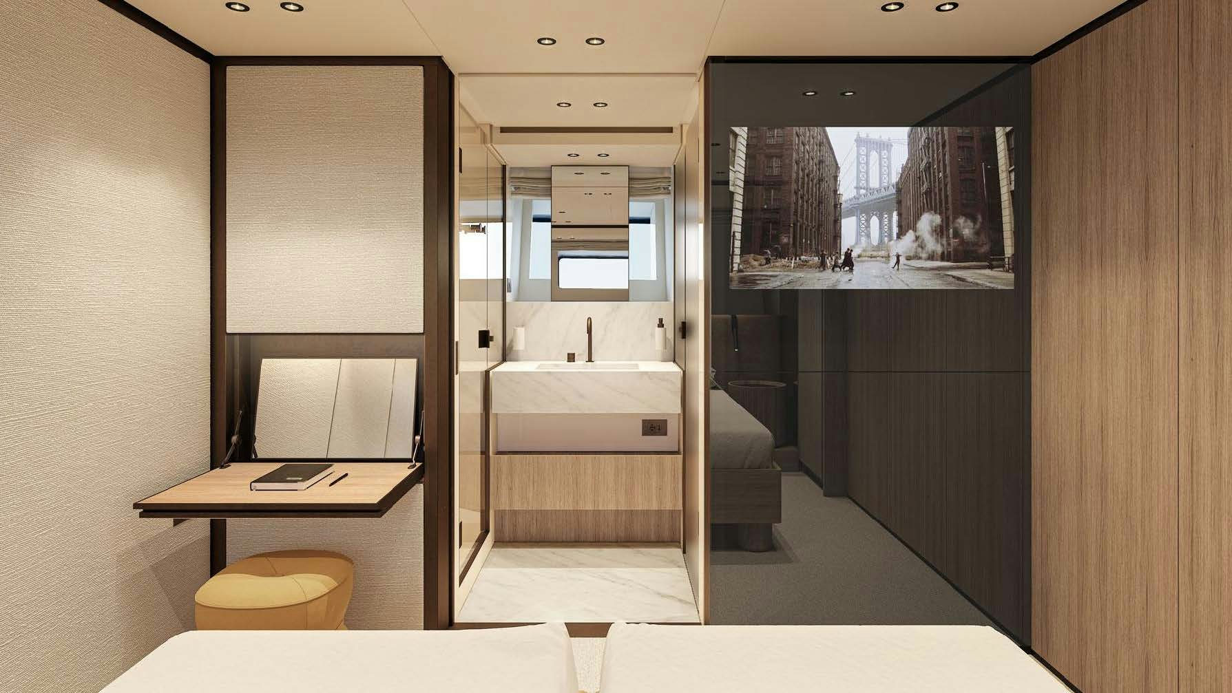 a bathroom with a sink and a mirror aboard AKIRA Yacht for Charter