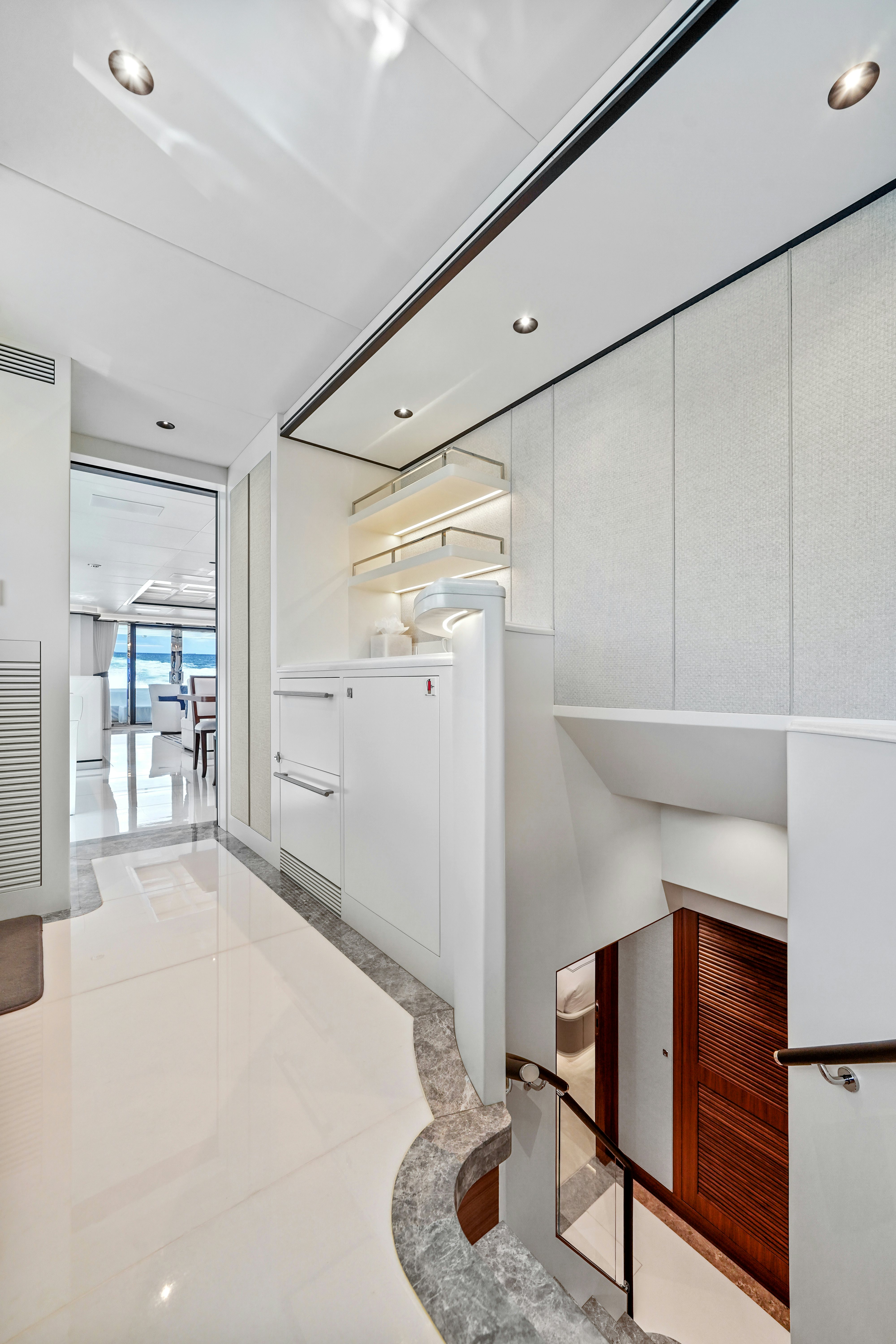 a room with a tile floor and cabinets aboard MISS MICHELLE Yacht for Sale