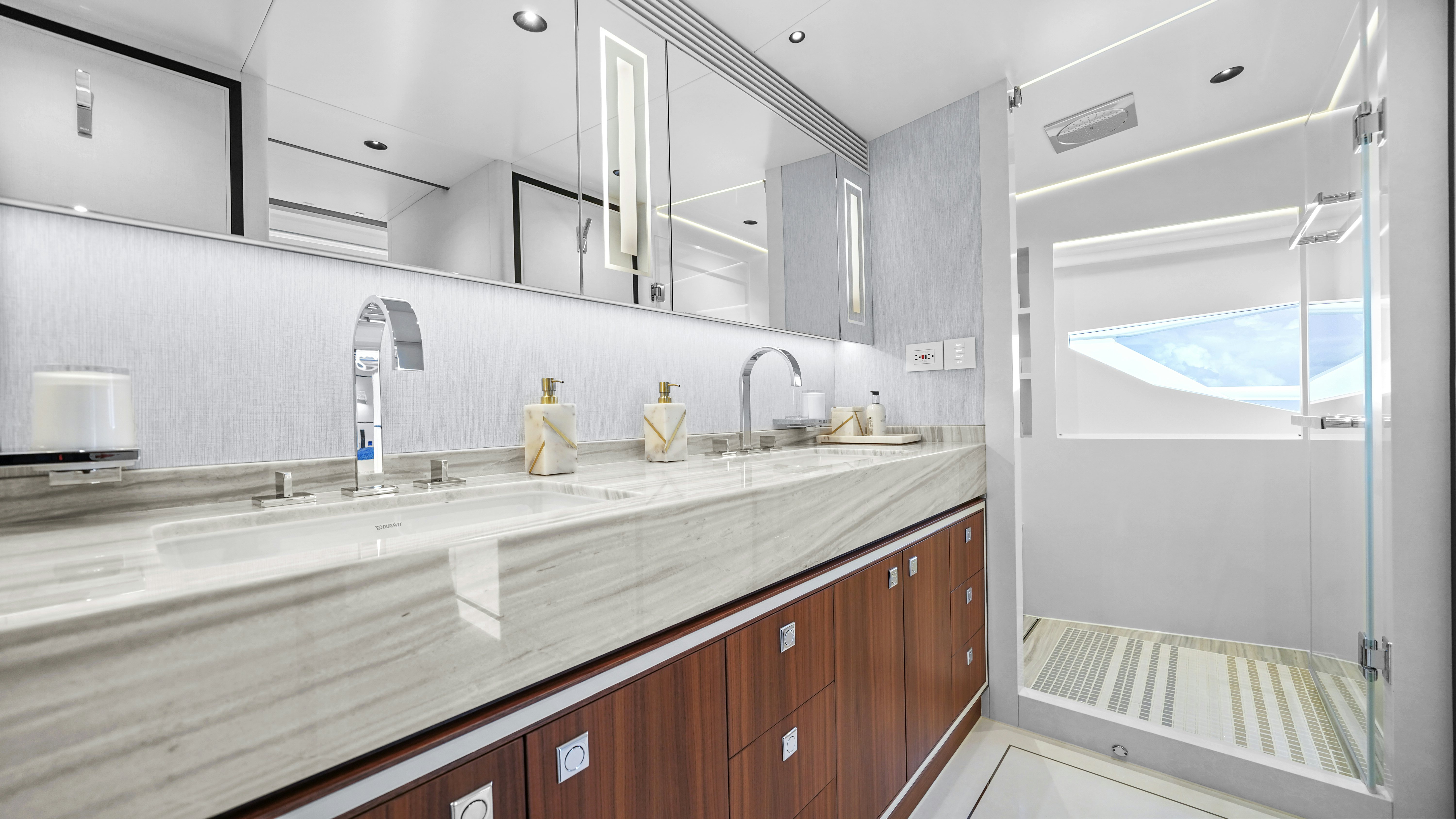 a bathroom with a large countertop aboard MISS MICHELLE Yacht for Sale
