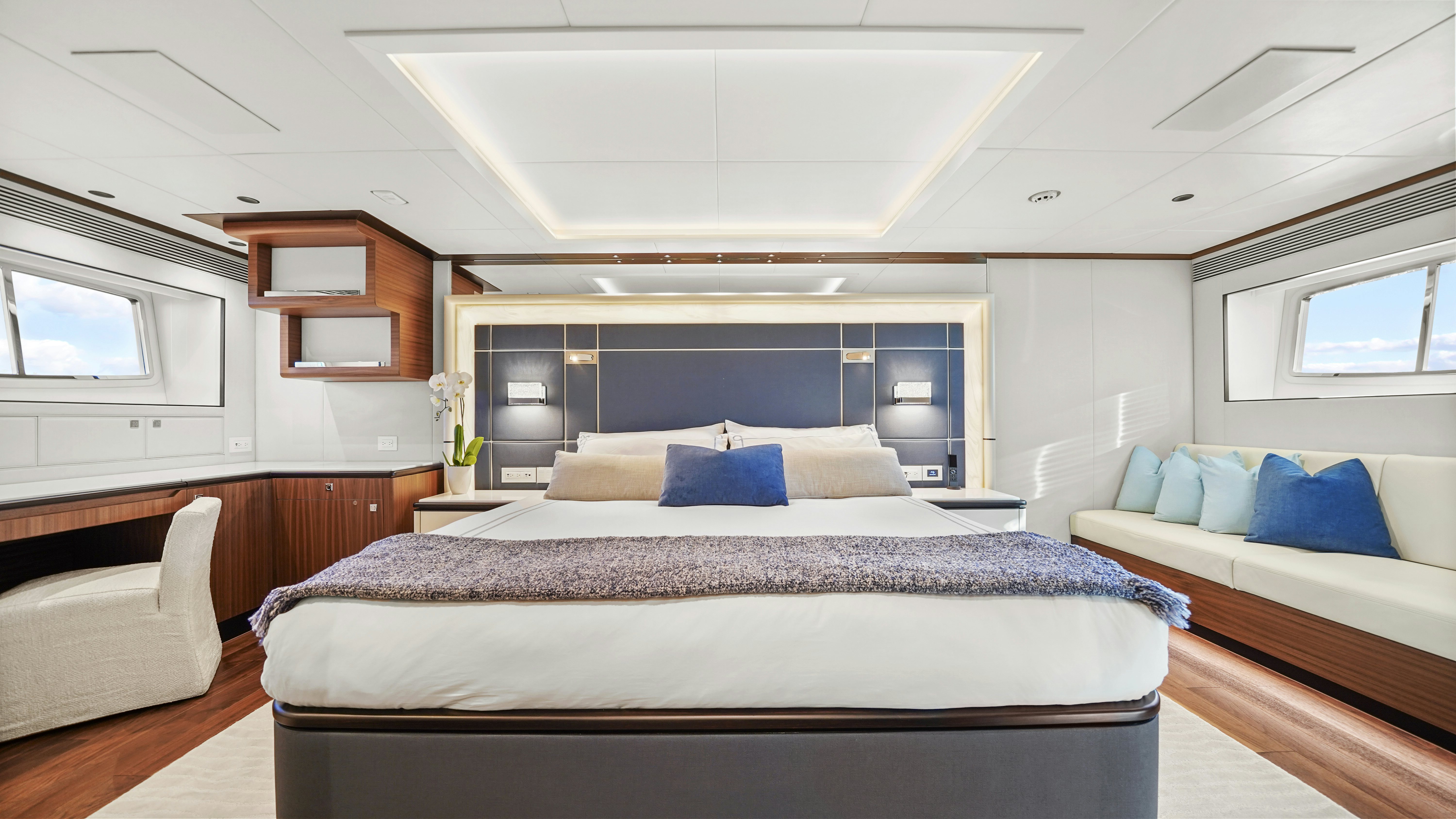 a large bed in a room aboard MISS MICHELLE Yacht for Sale