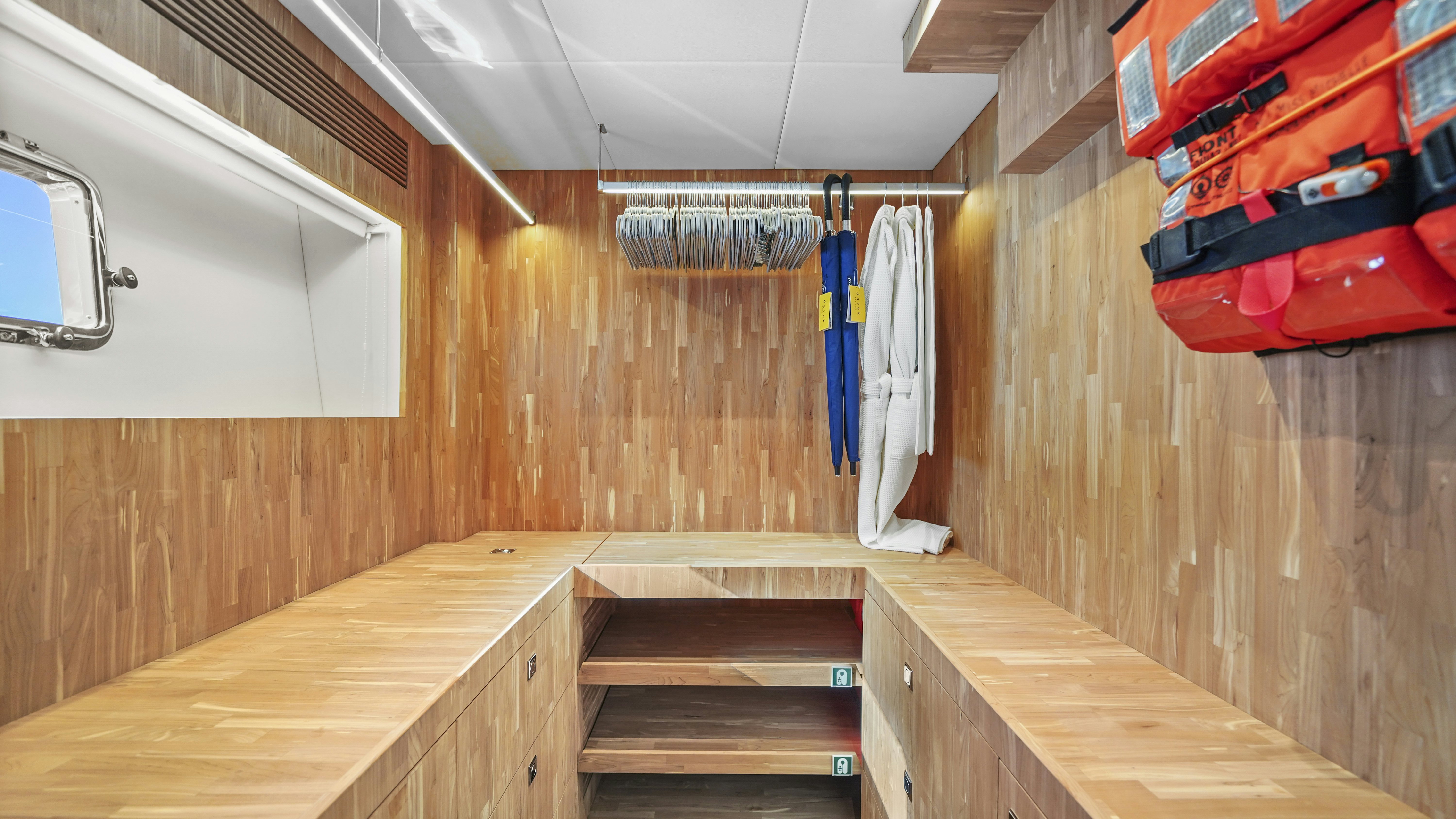 a room with wooden floors and a wood floor aboard MISS MICHELLE Yacht for Sale