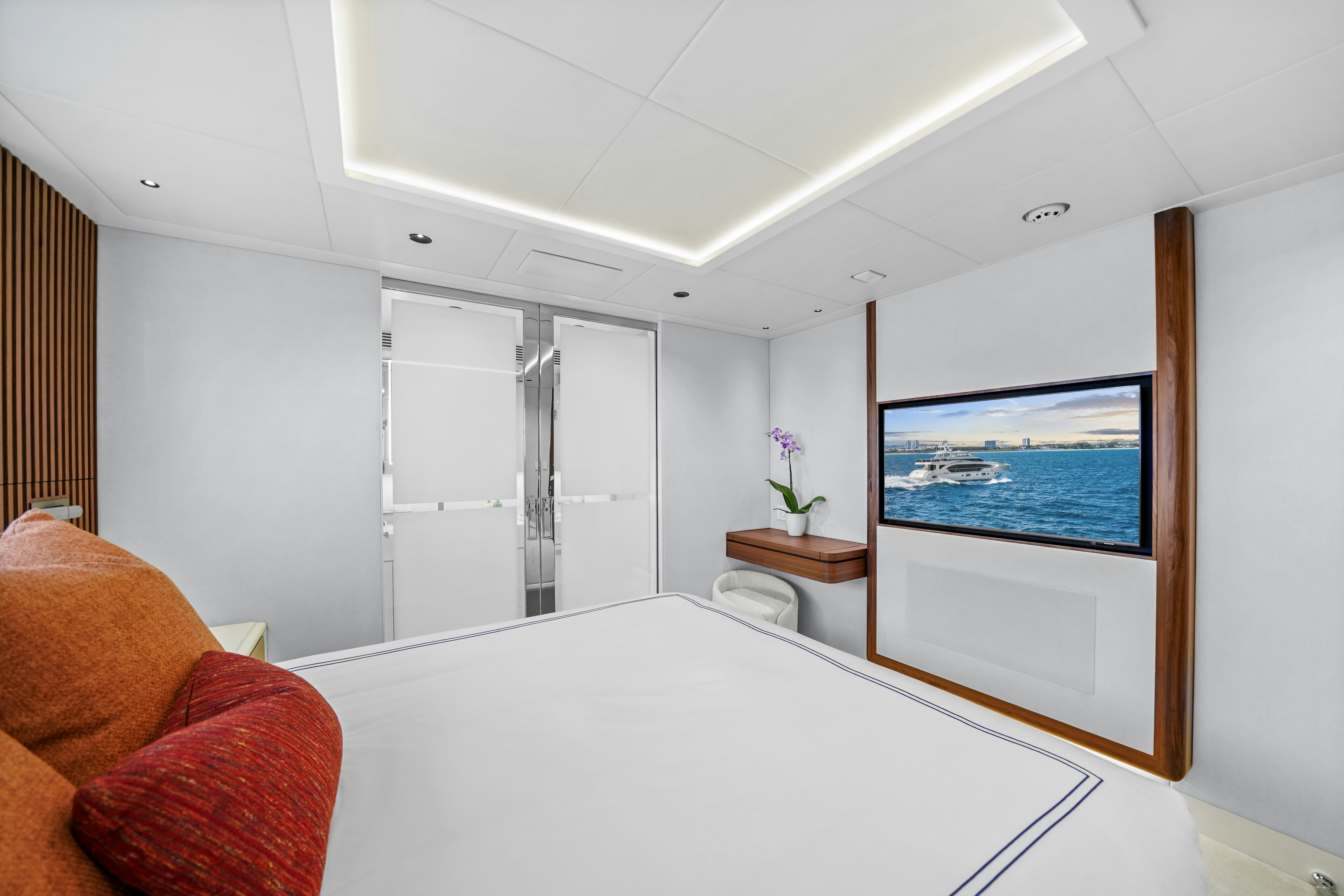 a room with a large white table and a large window aboard MISS MICHELLE Yacht for Sale