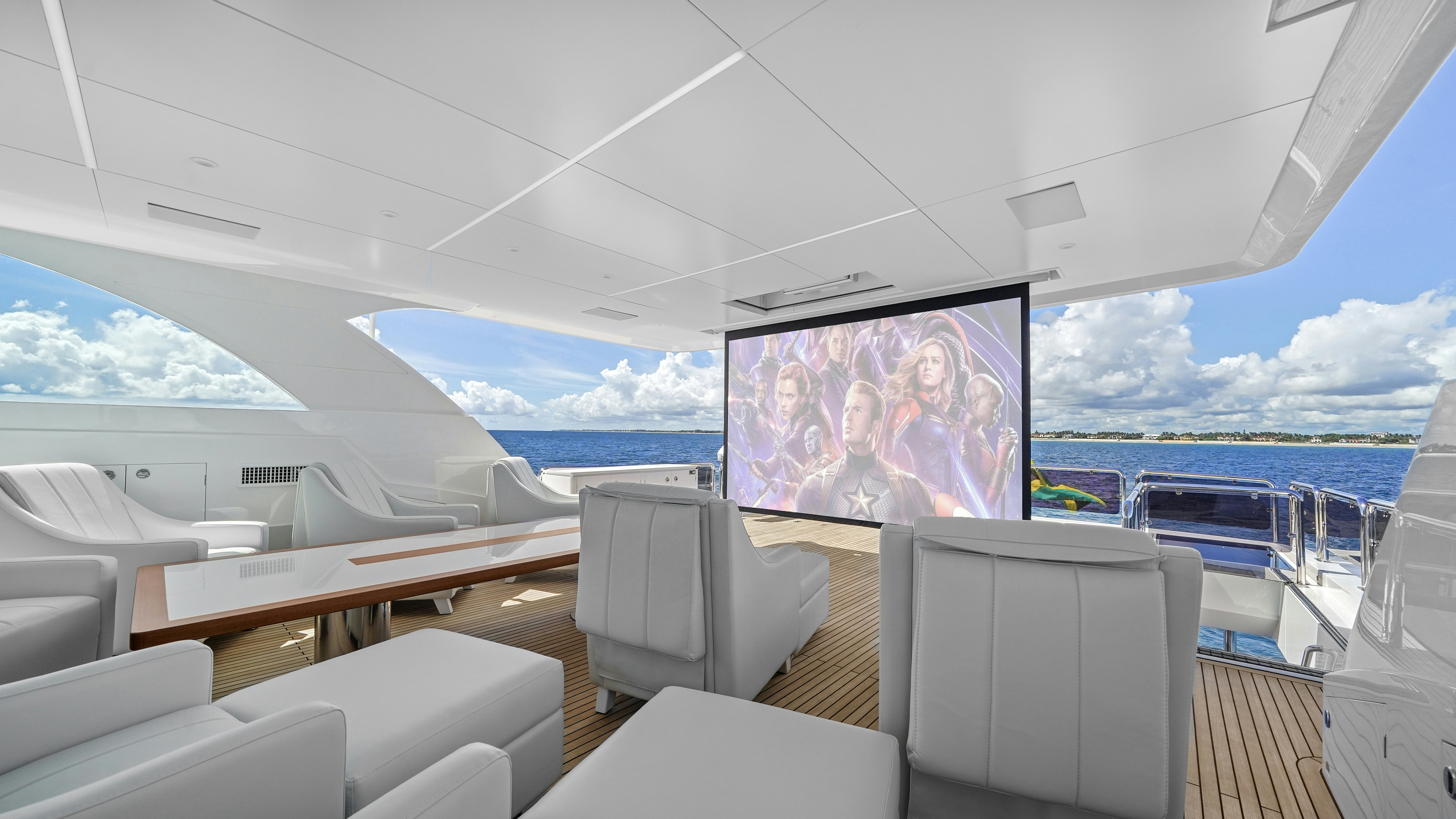 a boat with a large screen aboard MISS MICHELLE Yacht for Sale