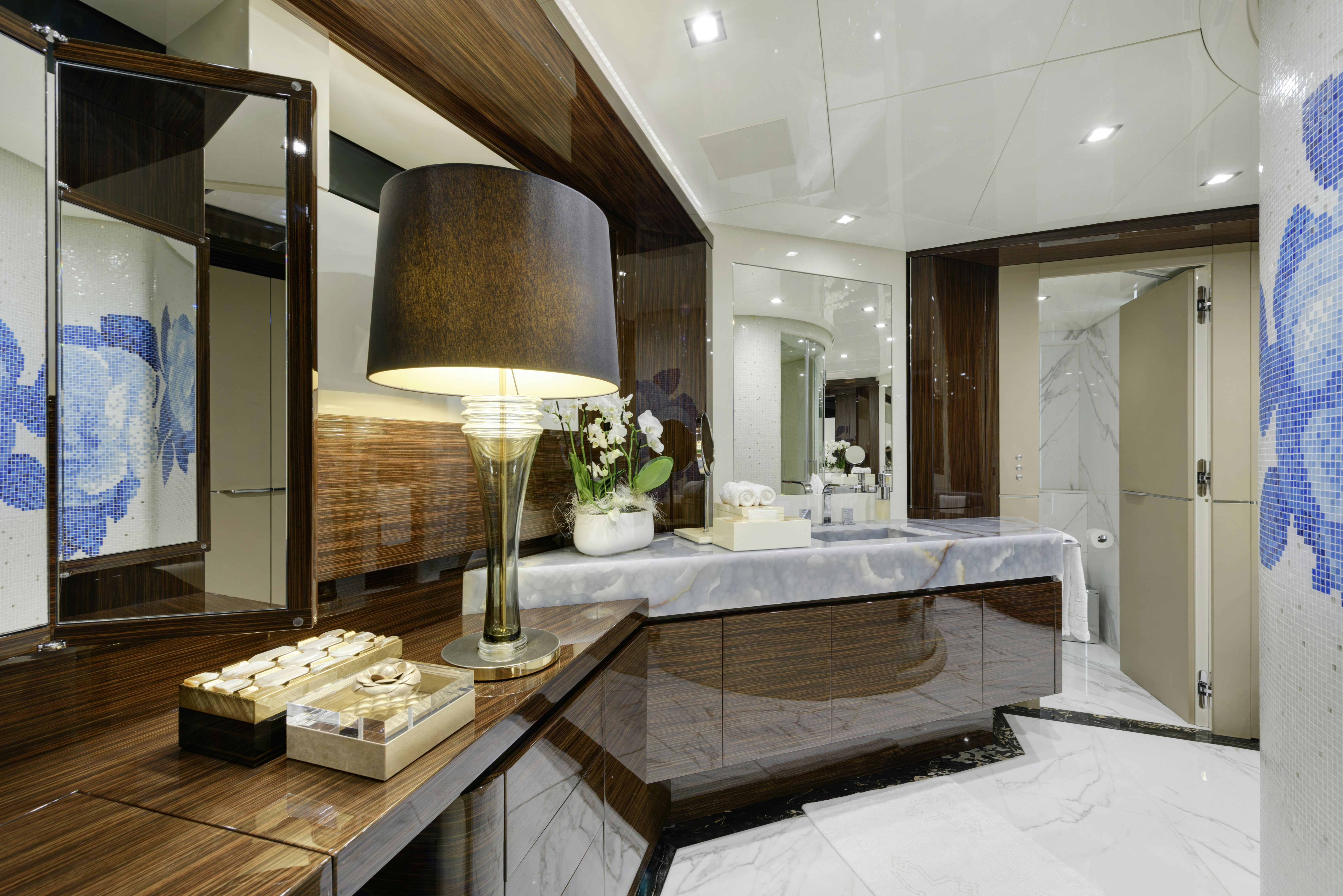 a large room with a large mirror aboard SERENITY Yacht for Sale