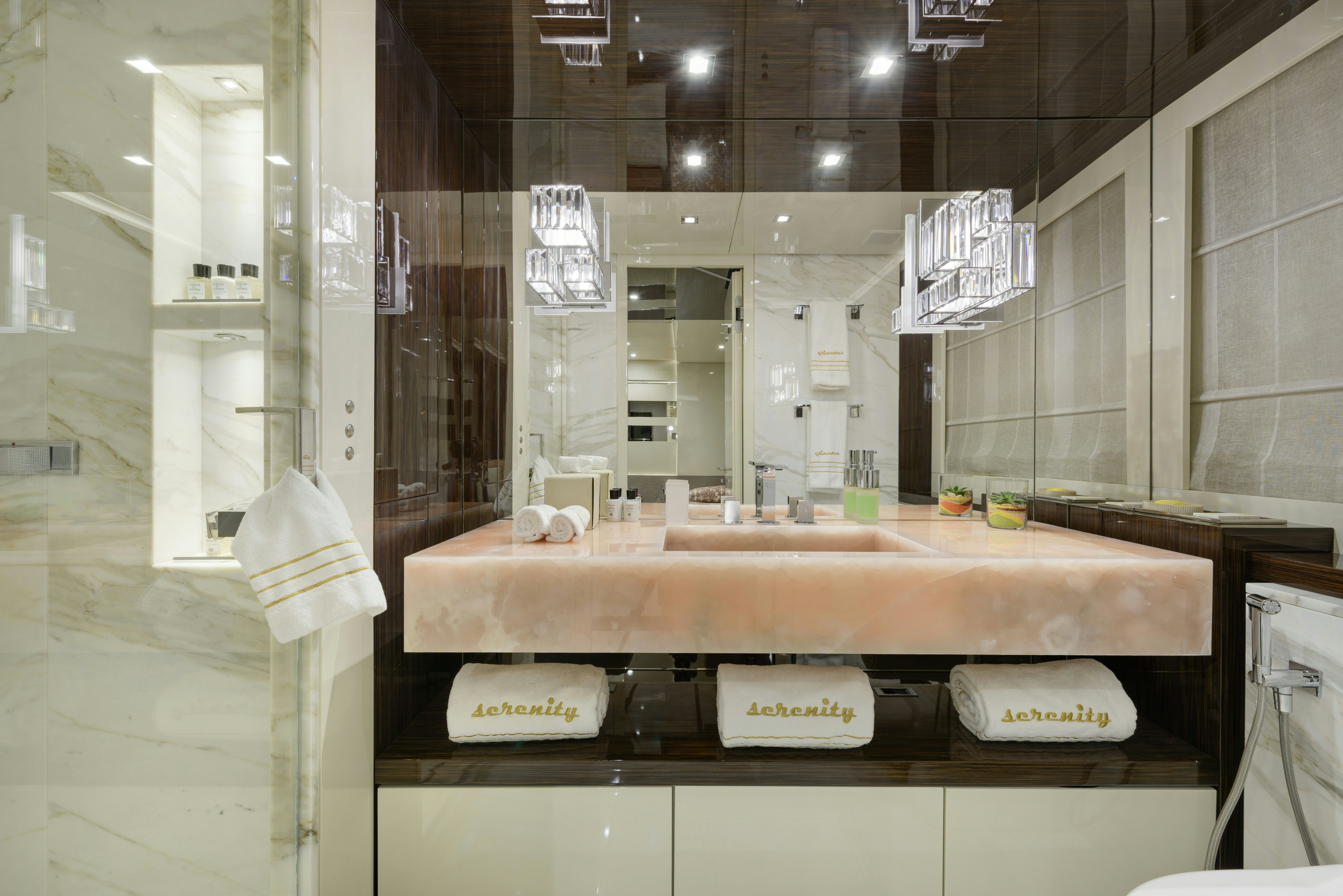 a counter with a display of items on it aboard SERENITY Yacht for Sale