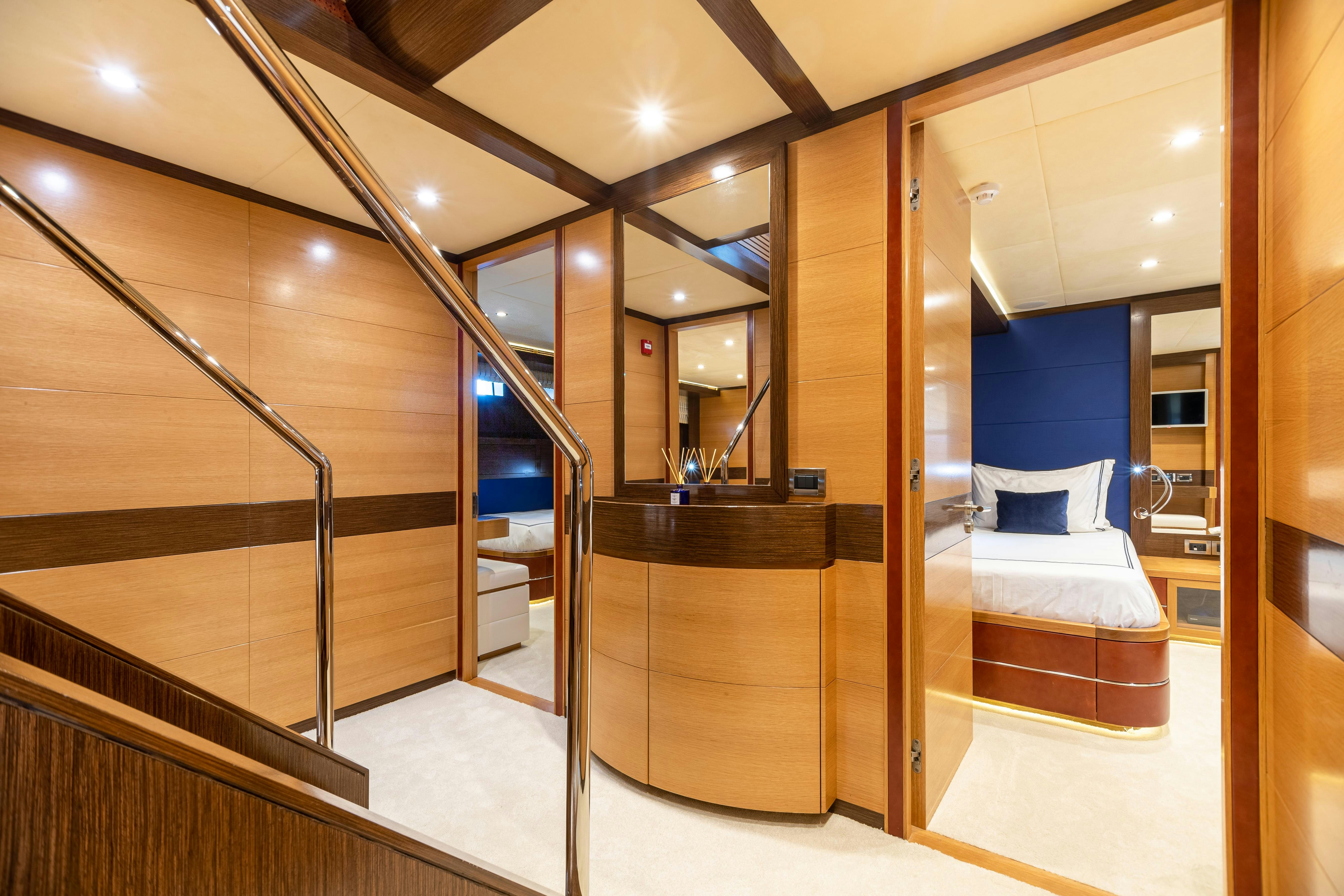 a bathroom with a glass wall aboard SWEET CAROLINE Yacht for Charter