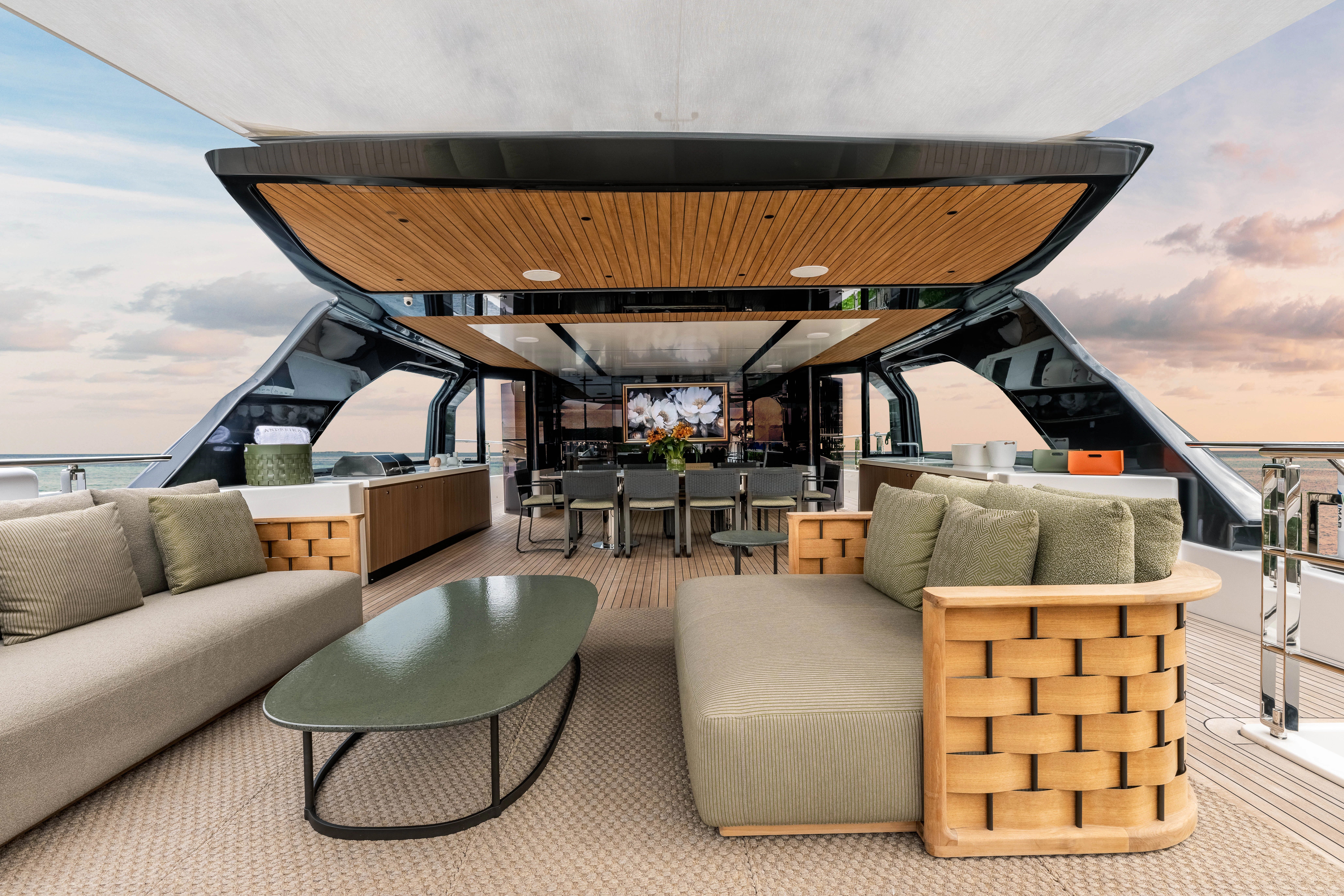 a living room with a large awning over the ocean aboard ANDREIKA V Yacht for Charter