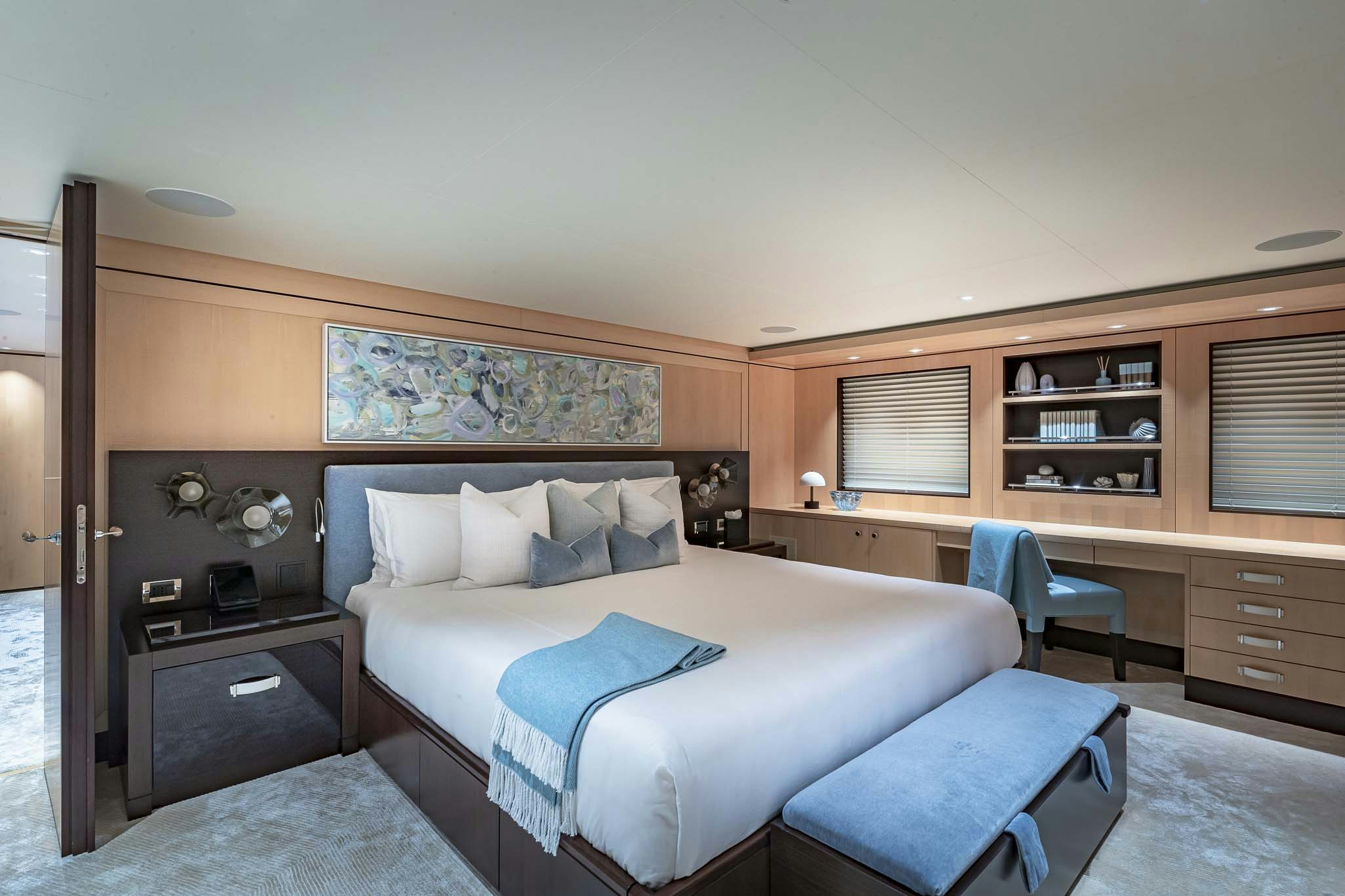 a bed in a room aboard REVELRY Yacht for Charter