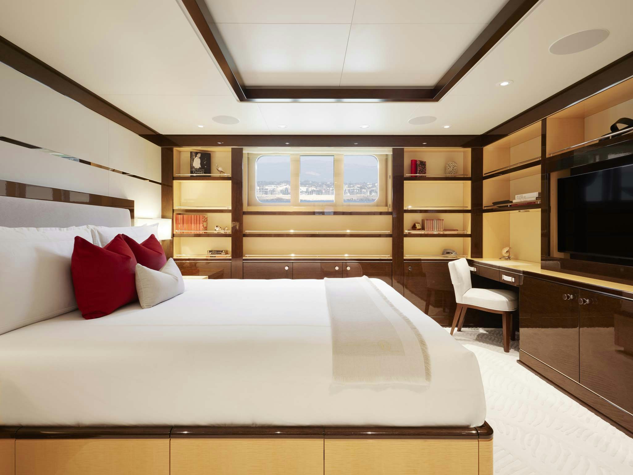 a bed in a room aboard REVELRY Yacht for Charter