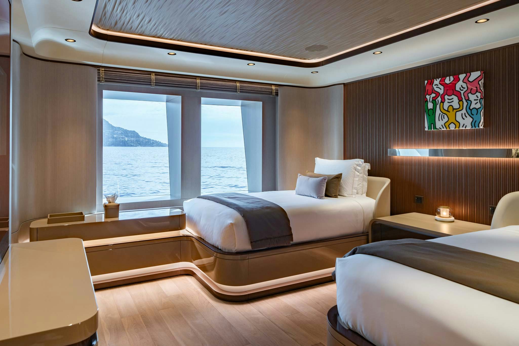 a room with a bed and a window aboard MALIA Yacht for Charter