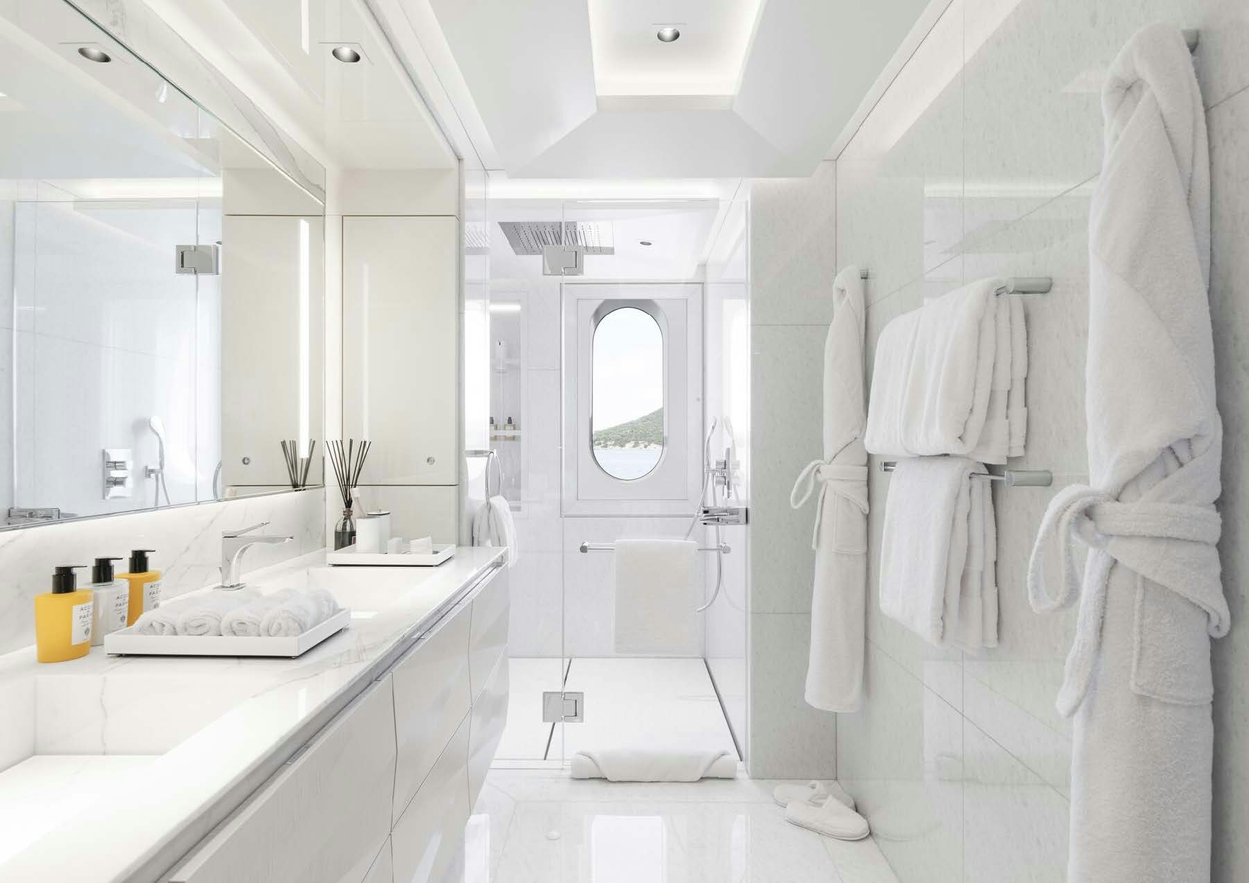 a bathroom with a large mirror aboard H3 Yacht for Sale