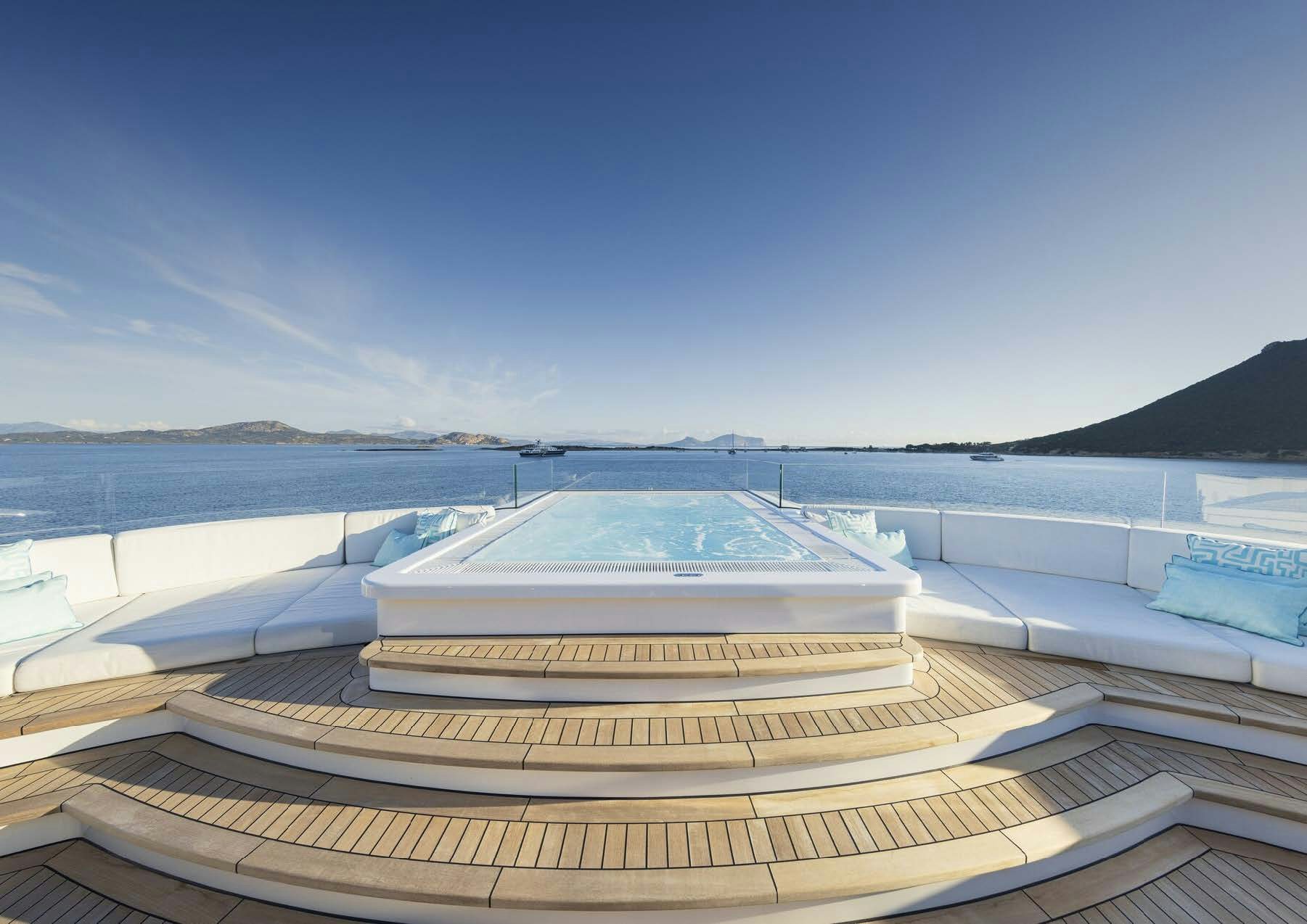 a large white building with a large body of water in the background aboard H3 Yacht for Sale