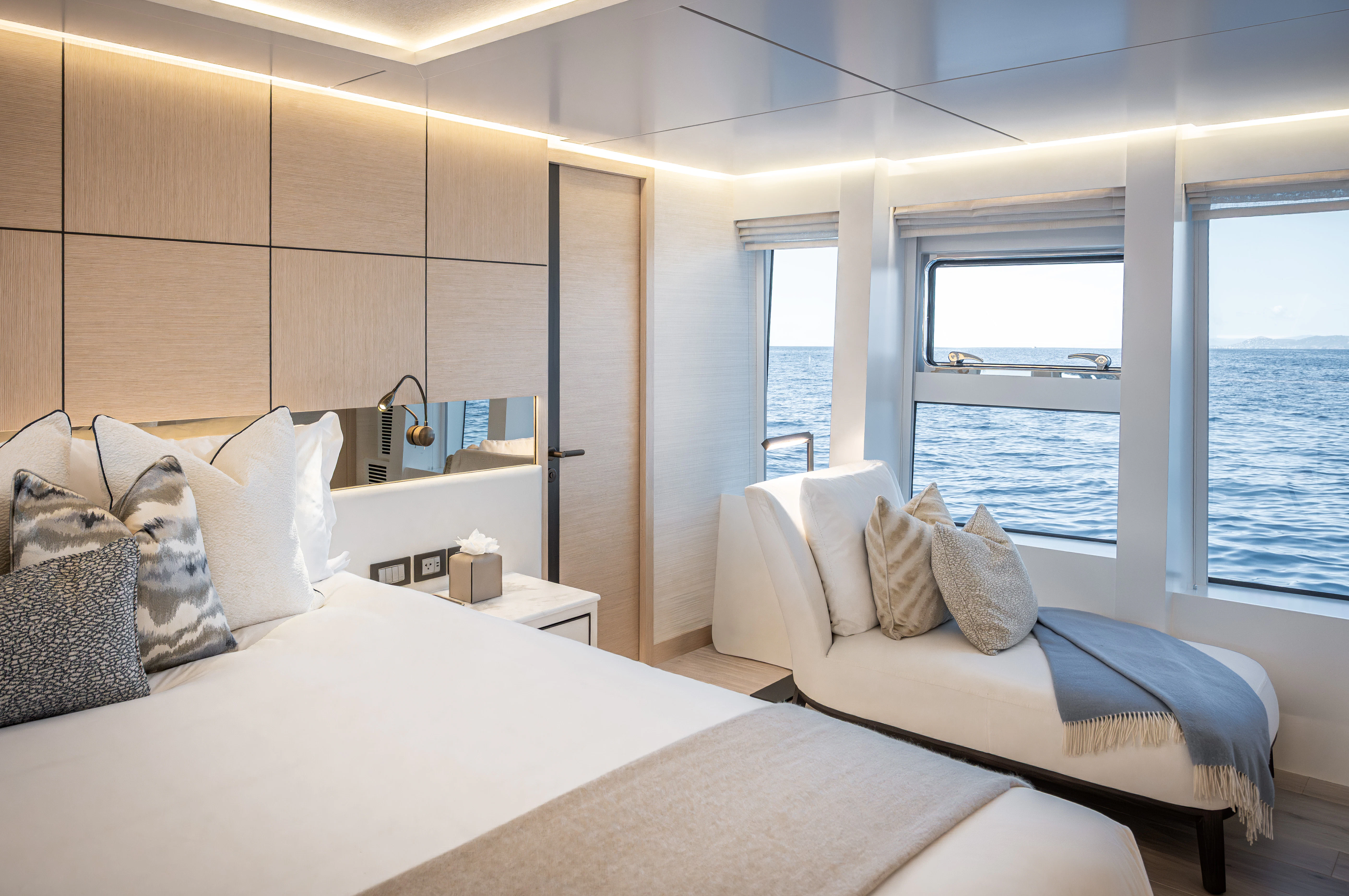 a room with two beds aboard ORPHEUS Yacht for Sale