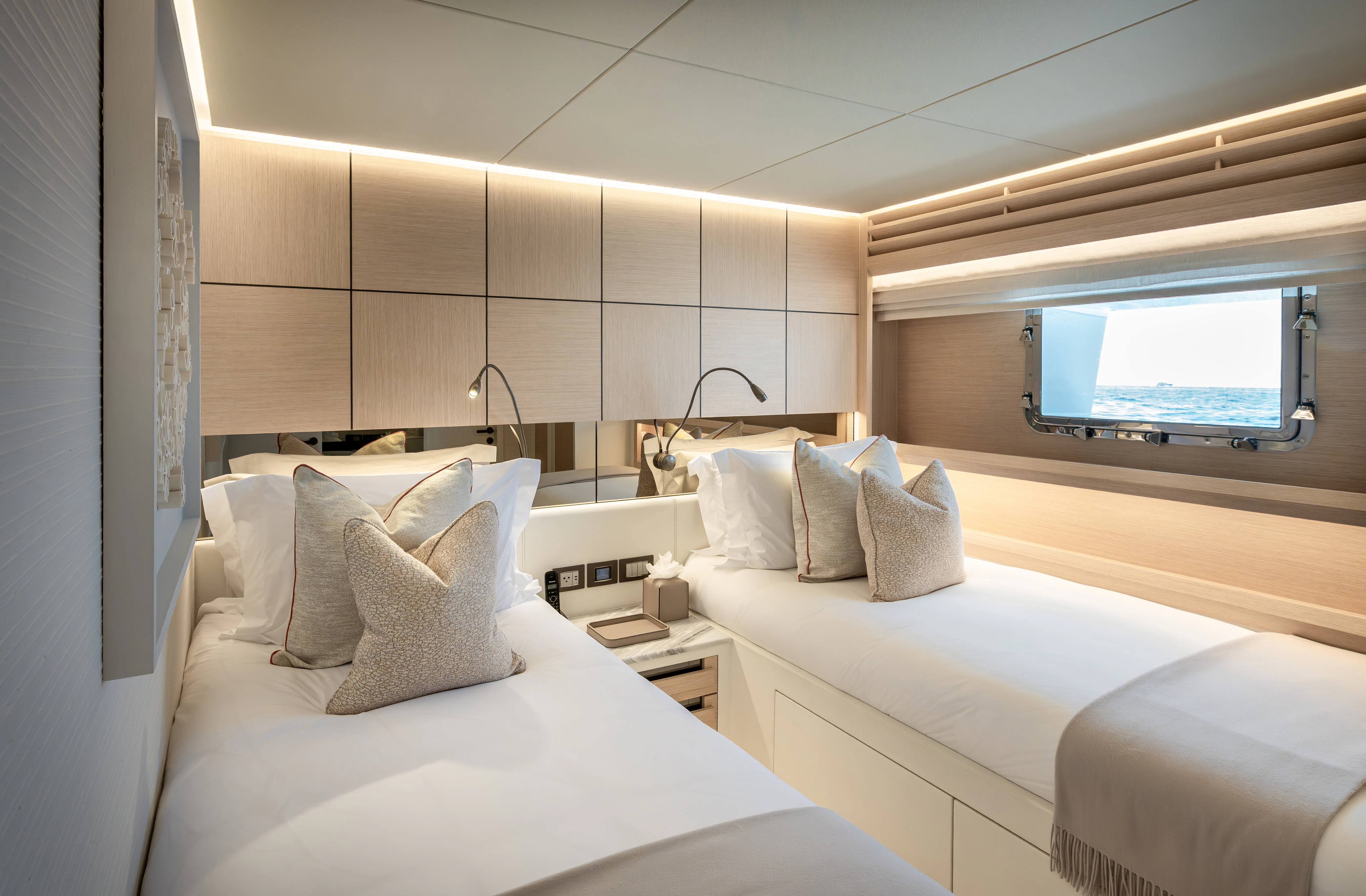 a room with two beds aboard ORPHEUS Yacht for Sale