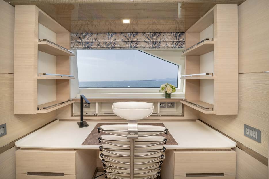 a kitchen with a large window aboard CHARADE Yacht for Charter