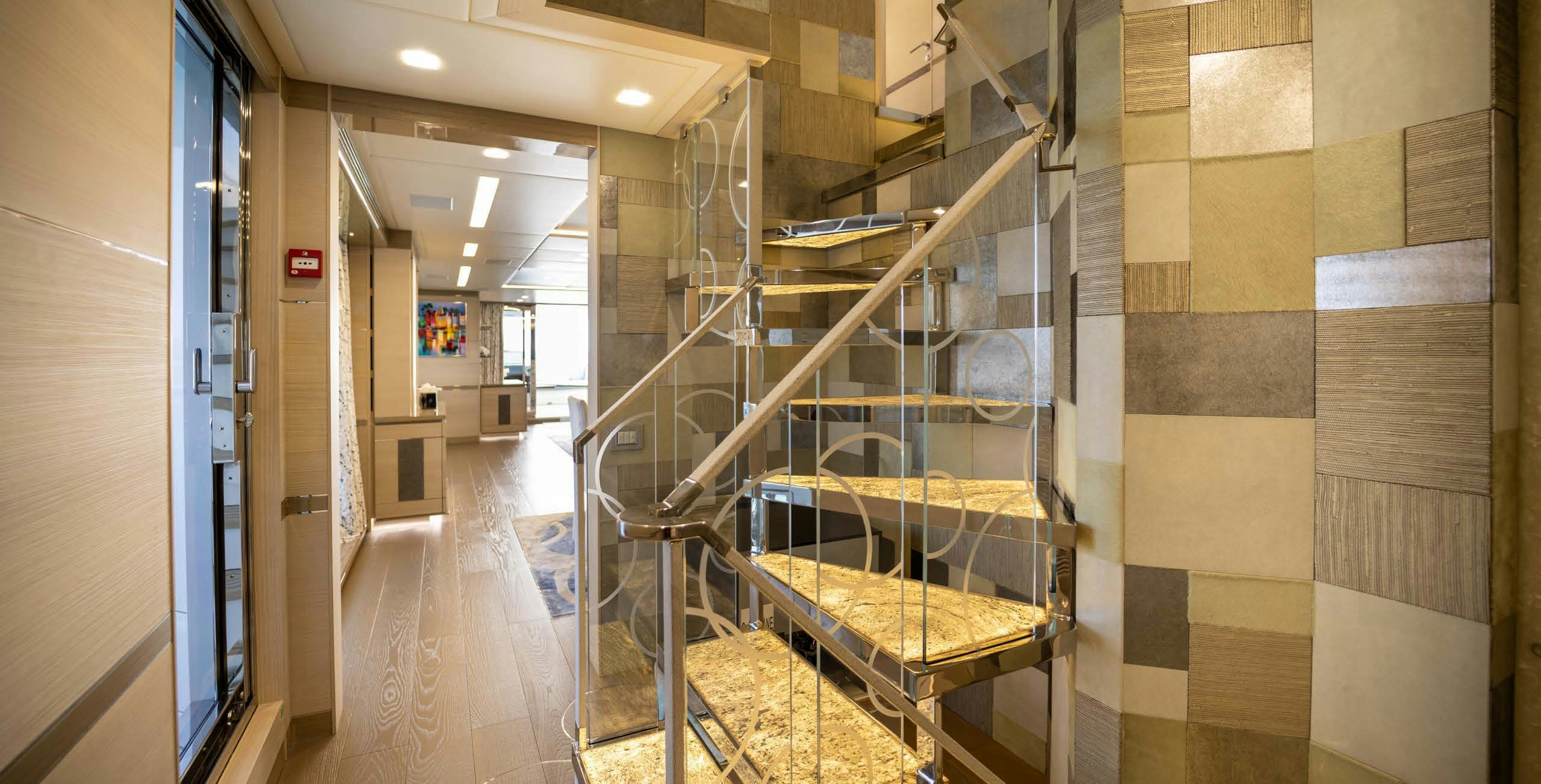 a hallway with a glass door aboard CHARADE Yacht for Charter