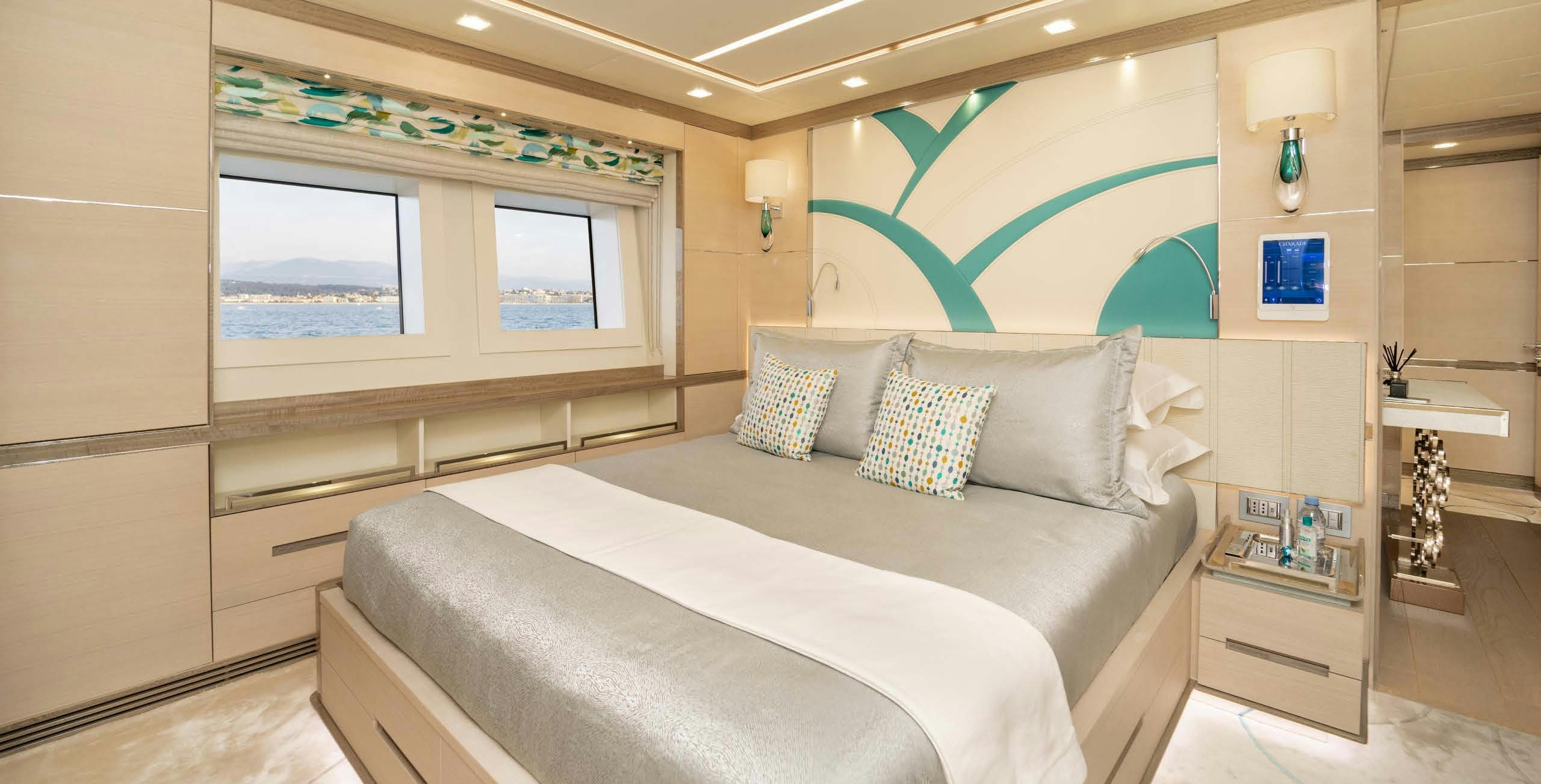a bed in a room aboard CHARADE Yacht for Charter