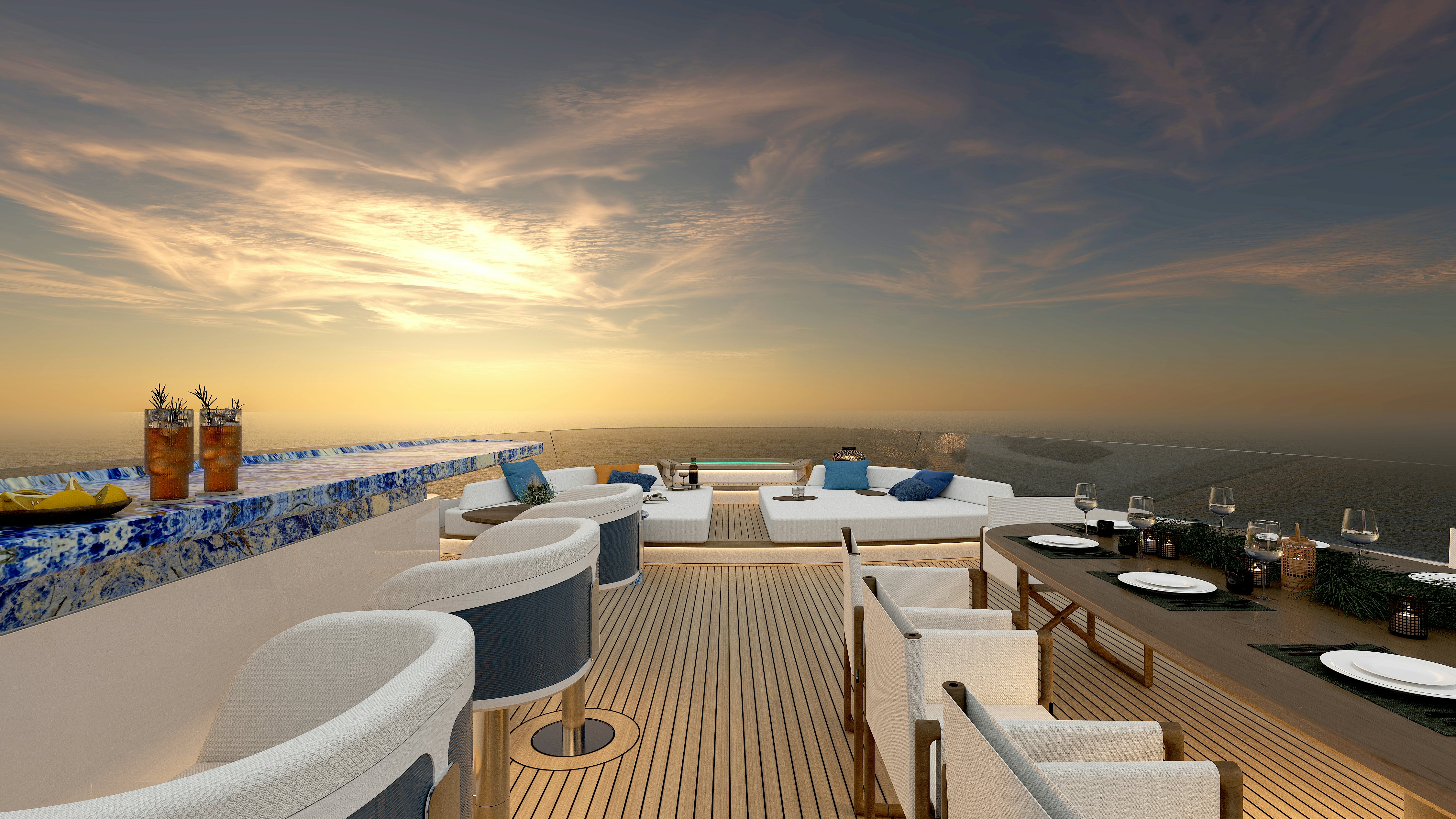 a room with a table chairs and a view of the ocean aboard HIU Yacht for Sale