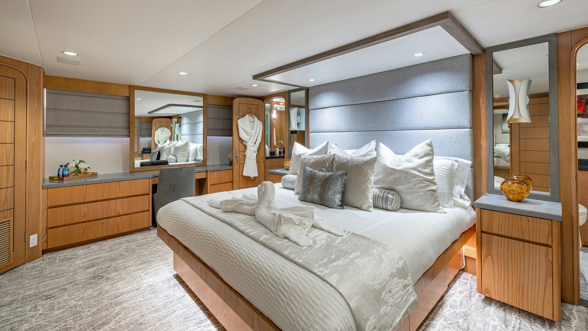 a large bed in a room aboard MARGATE Yacht for Sale