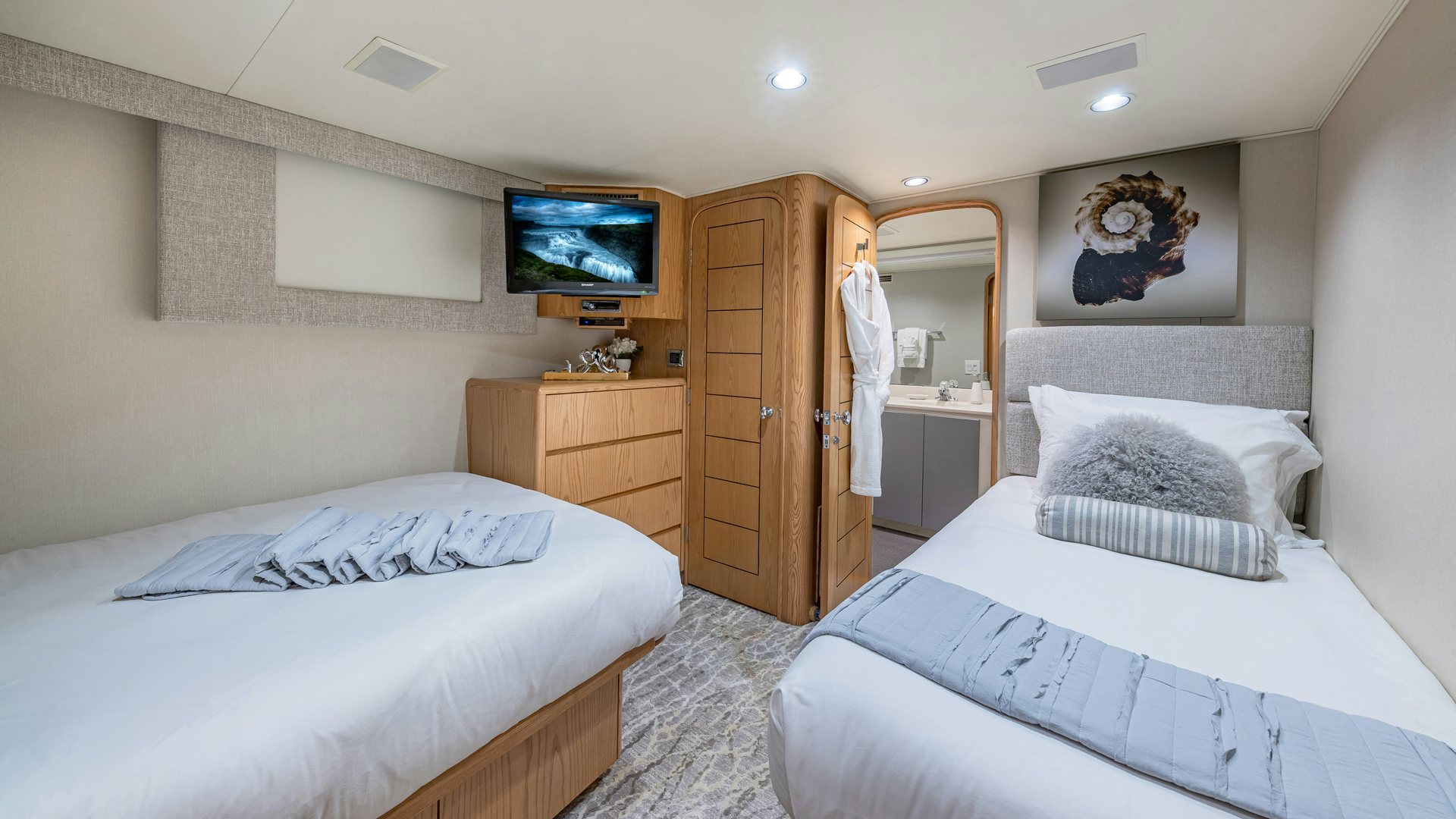 a room with two beds aboard MARGATE Yacht for Sale
