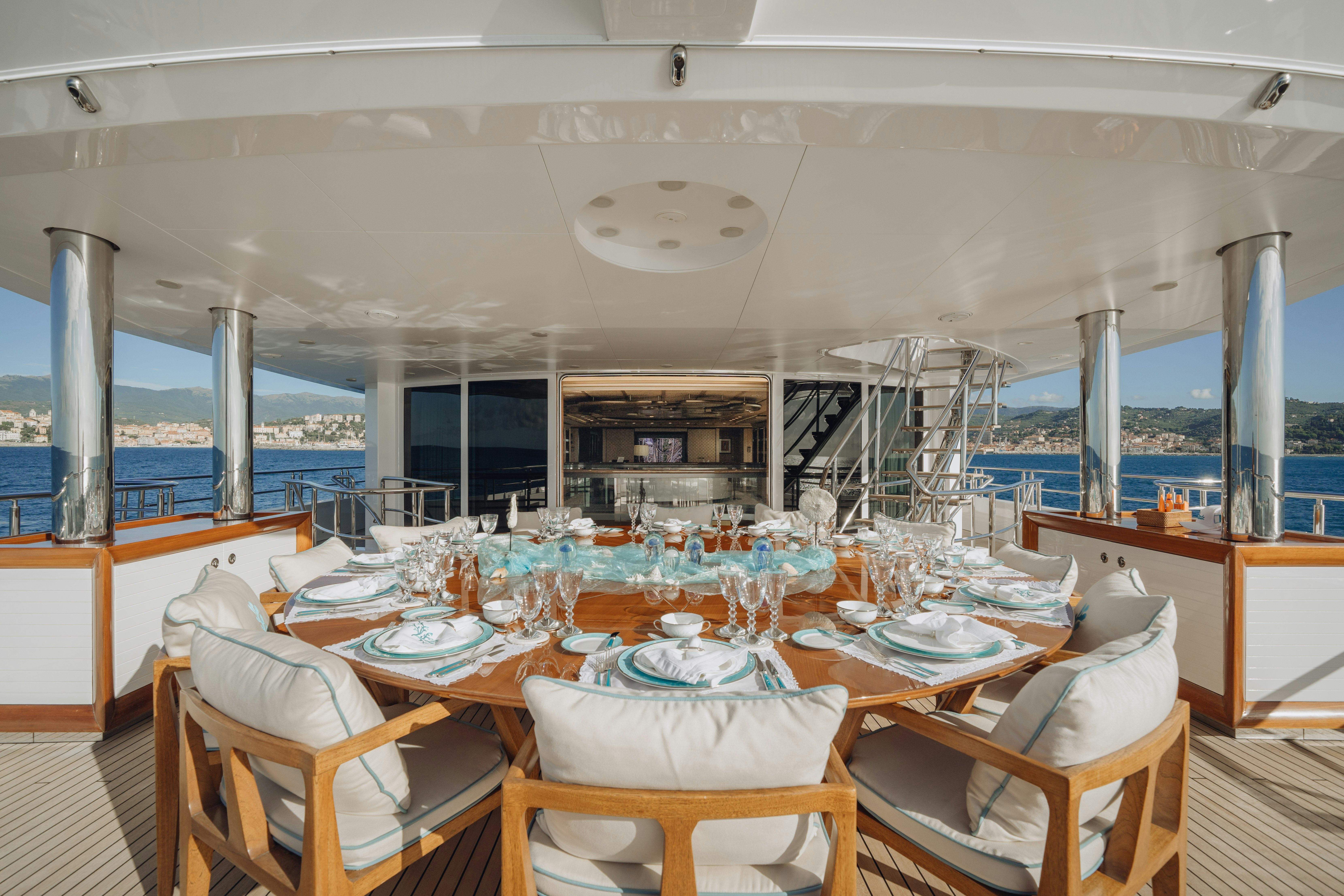 a room with tables and chairs aboard AXIOMA Yacht for Sale