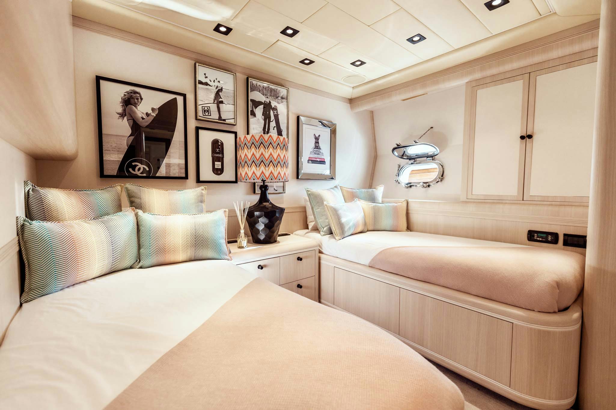 a room with two beds aboard MRS GREY Yacht for Charter
