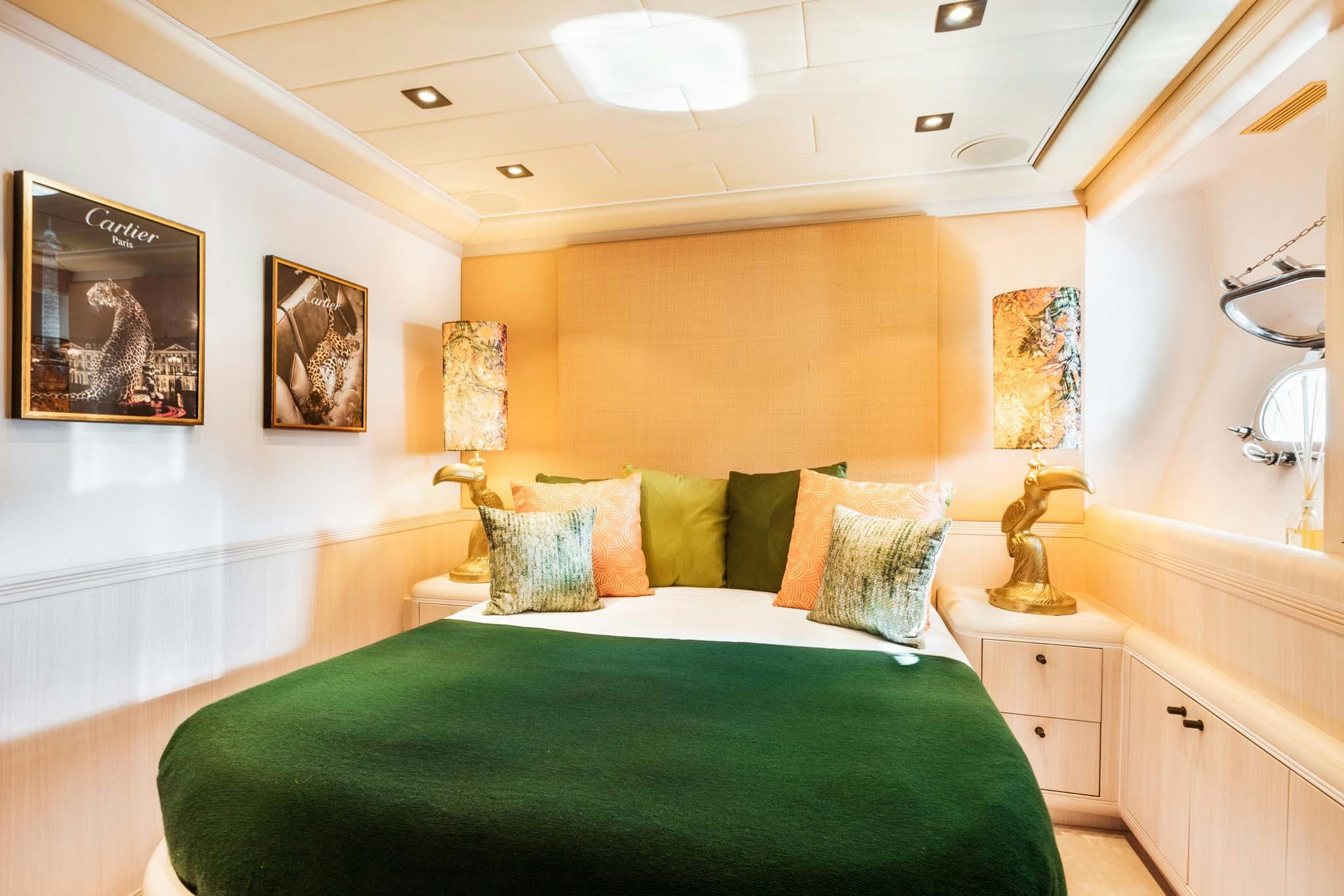 a bed in a room aboard MRS GREY Yacht for Charter