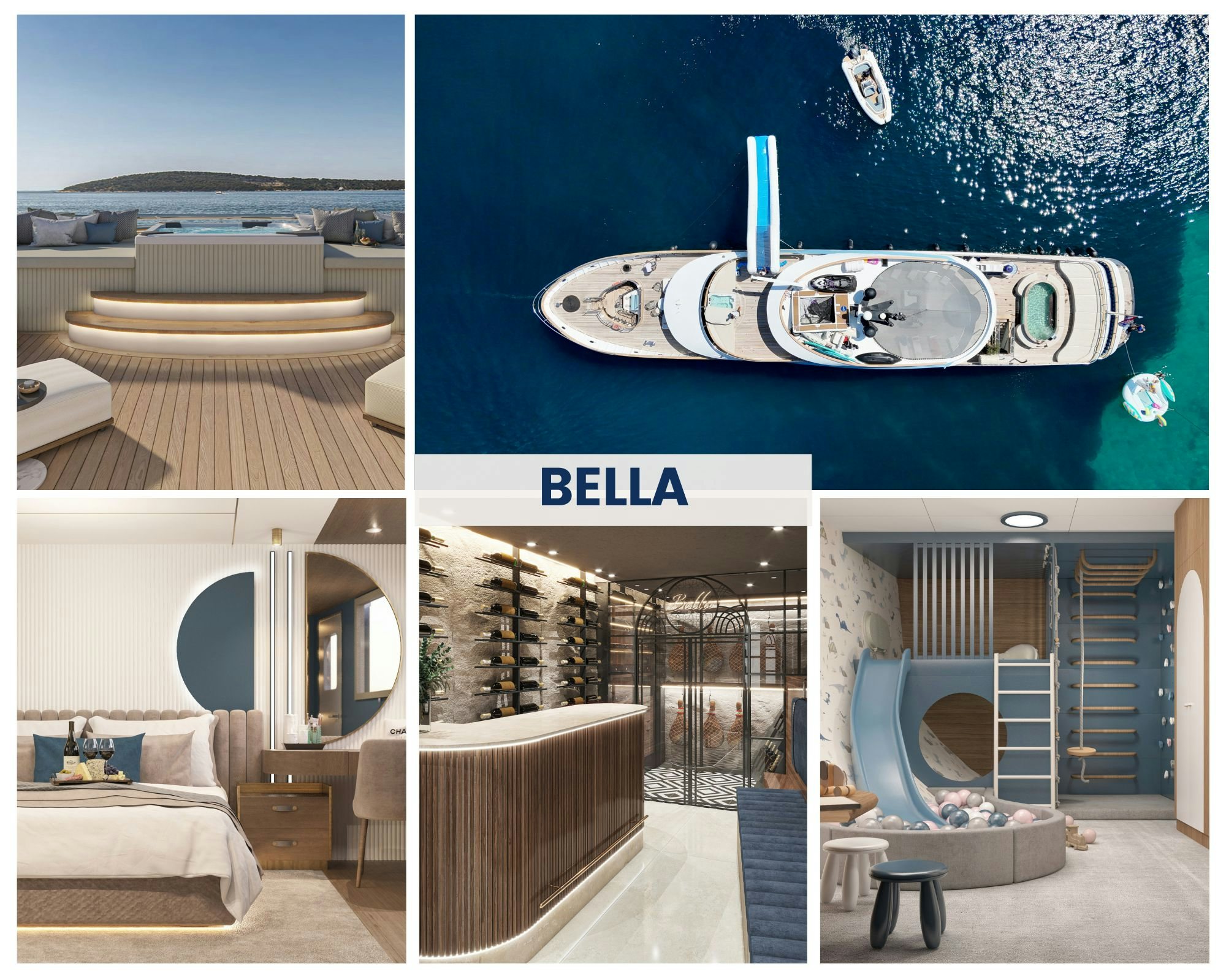 a collage of a room aboard BELLA Yacht for Charter