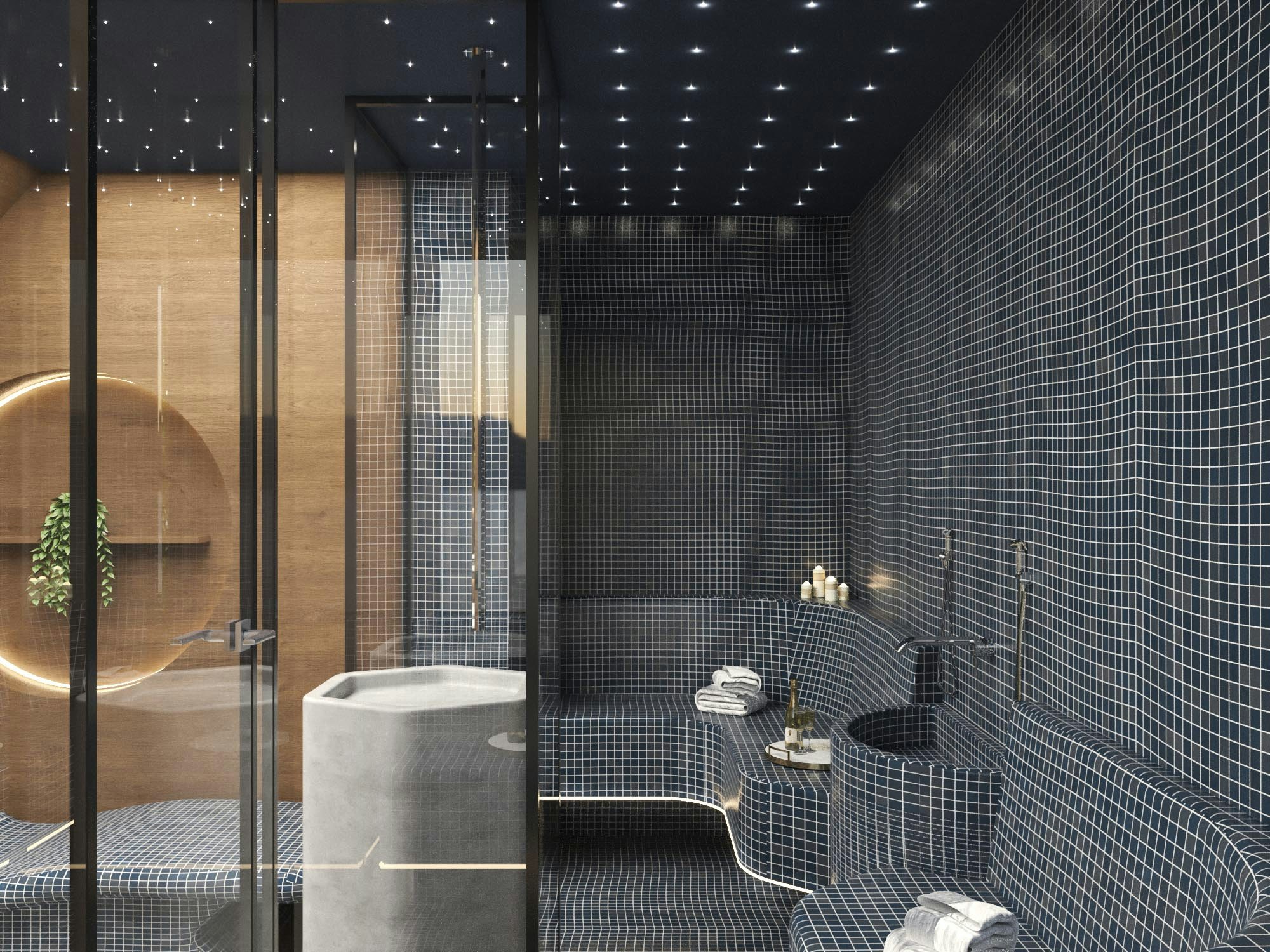 a room with a glass wall aboard BELLA Yacht for Charter