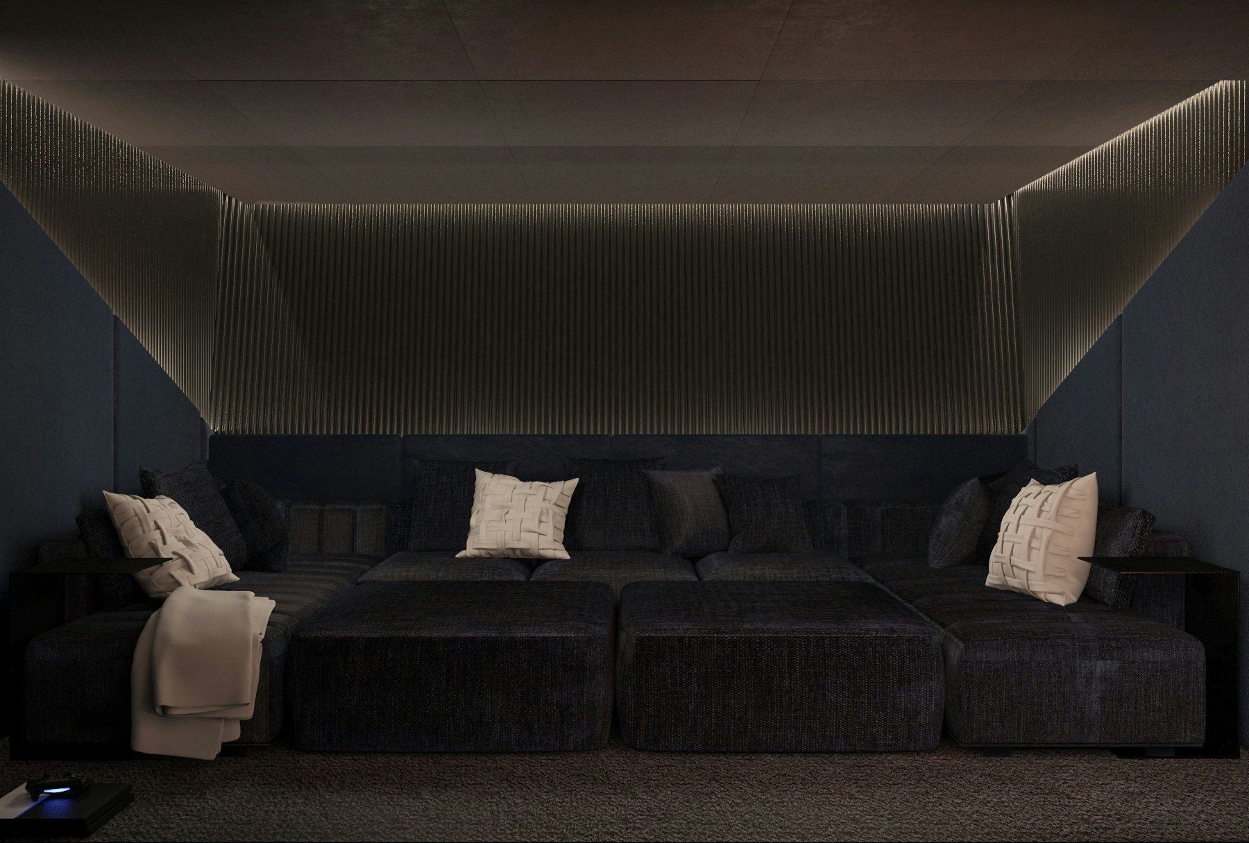 a couch with a black and white striped wall aboard BELLA Yacht for Charter