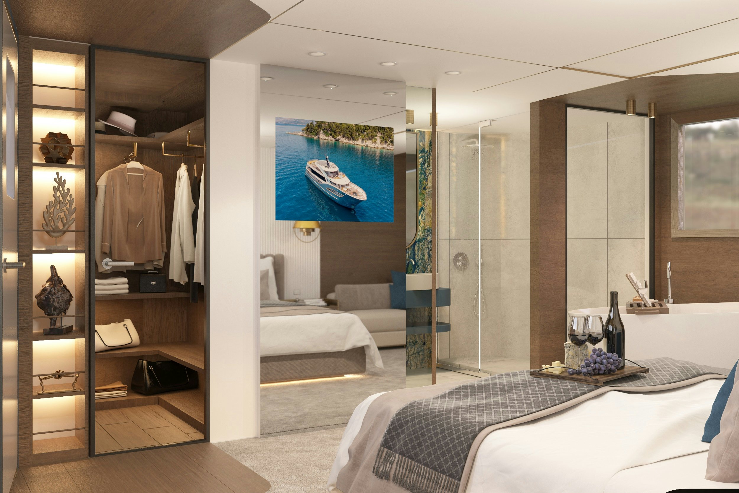 a room with a bed and a desk aboard BELLA Yacht for Charter