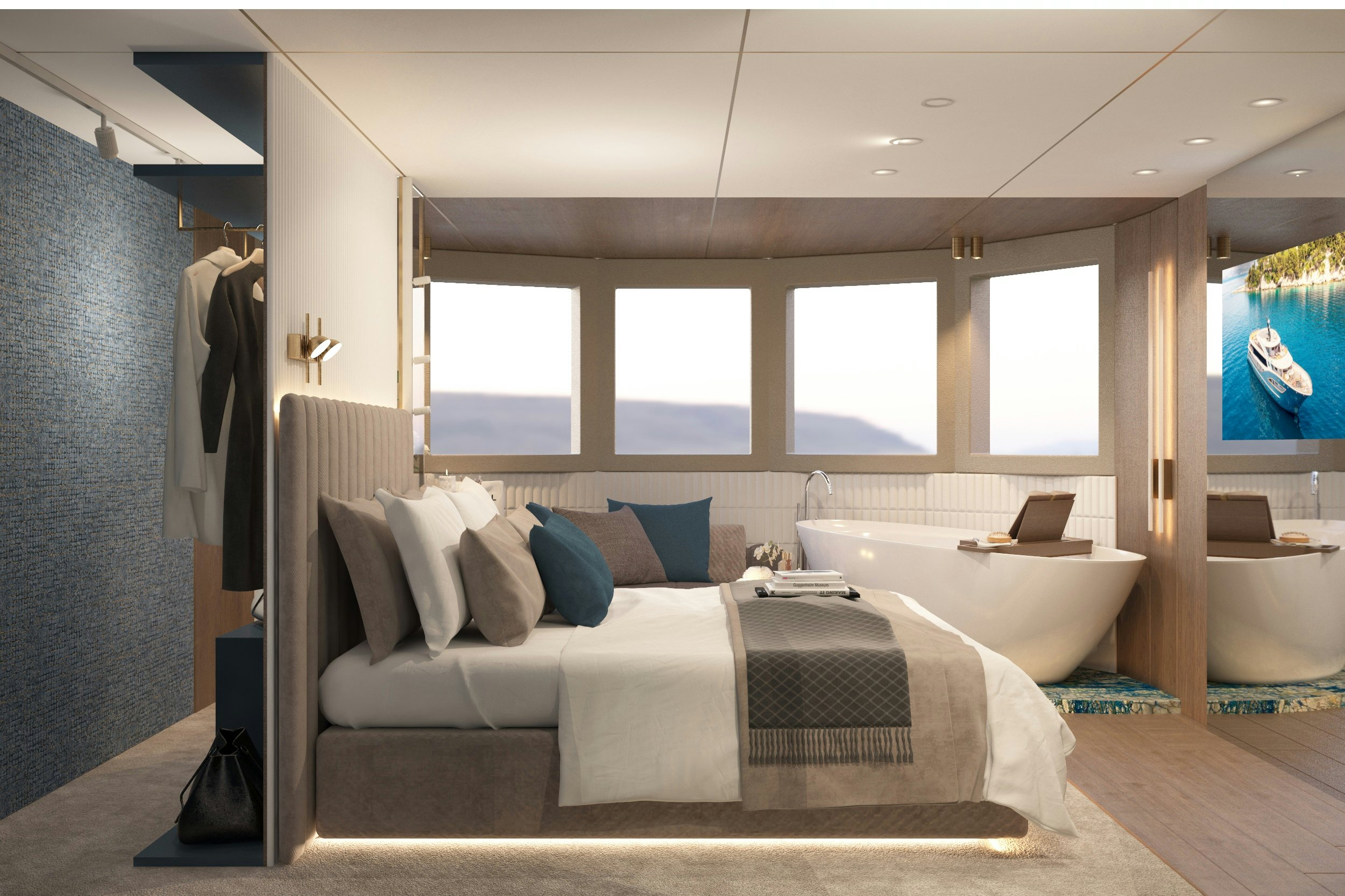 a room with two beds aboard BELLA Yacht for Charter