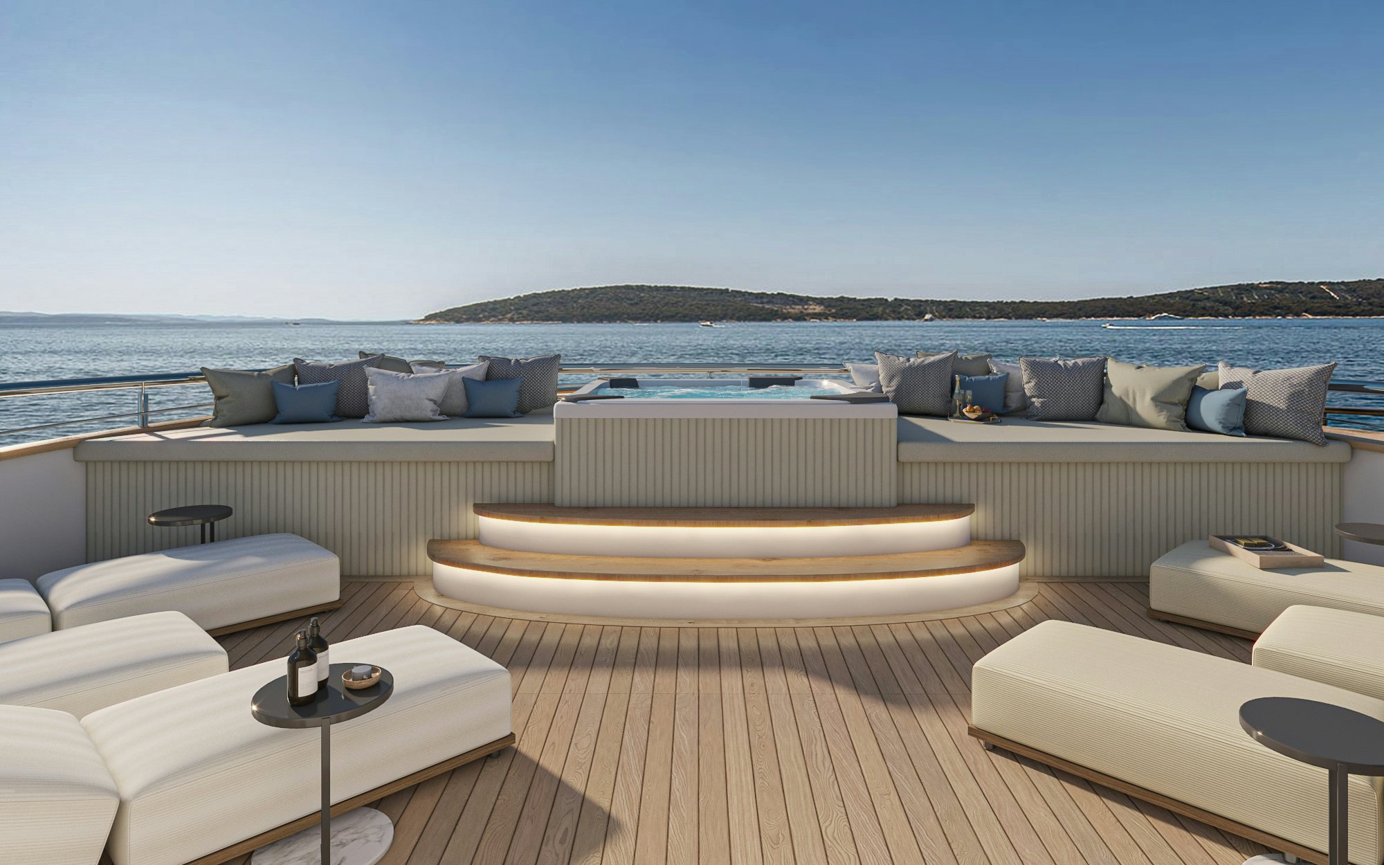 a room with a couch and a table and a pool aboard BELLA Yacht for Charter