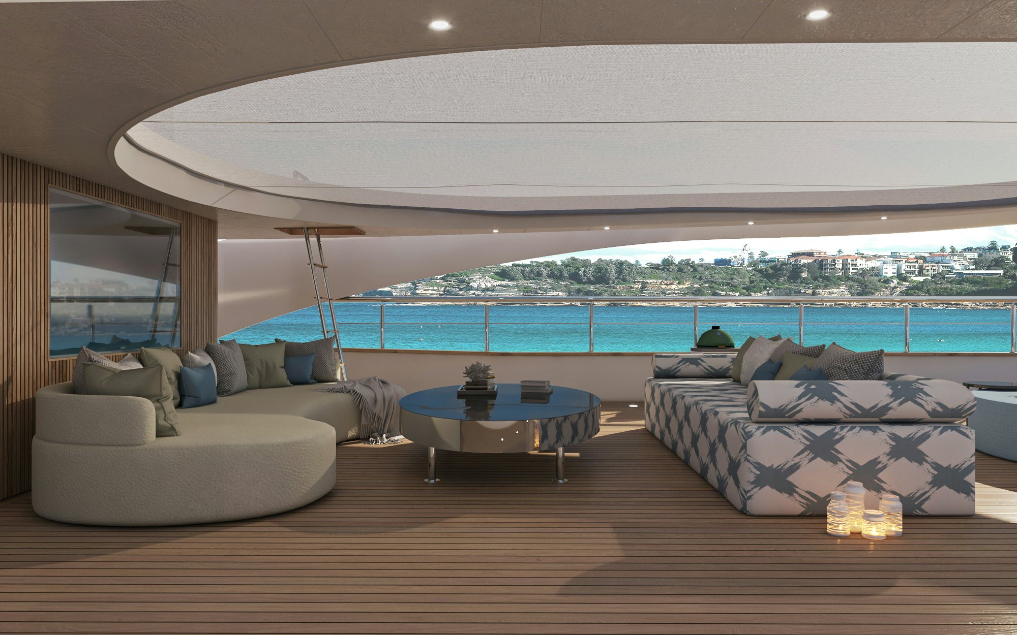a living room with a large blue swimming pool aboard BELLA Yacht for Charter