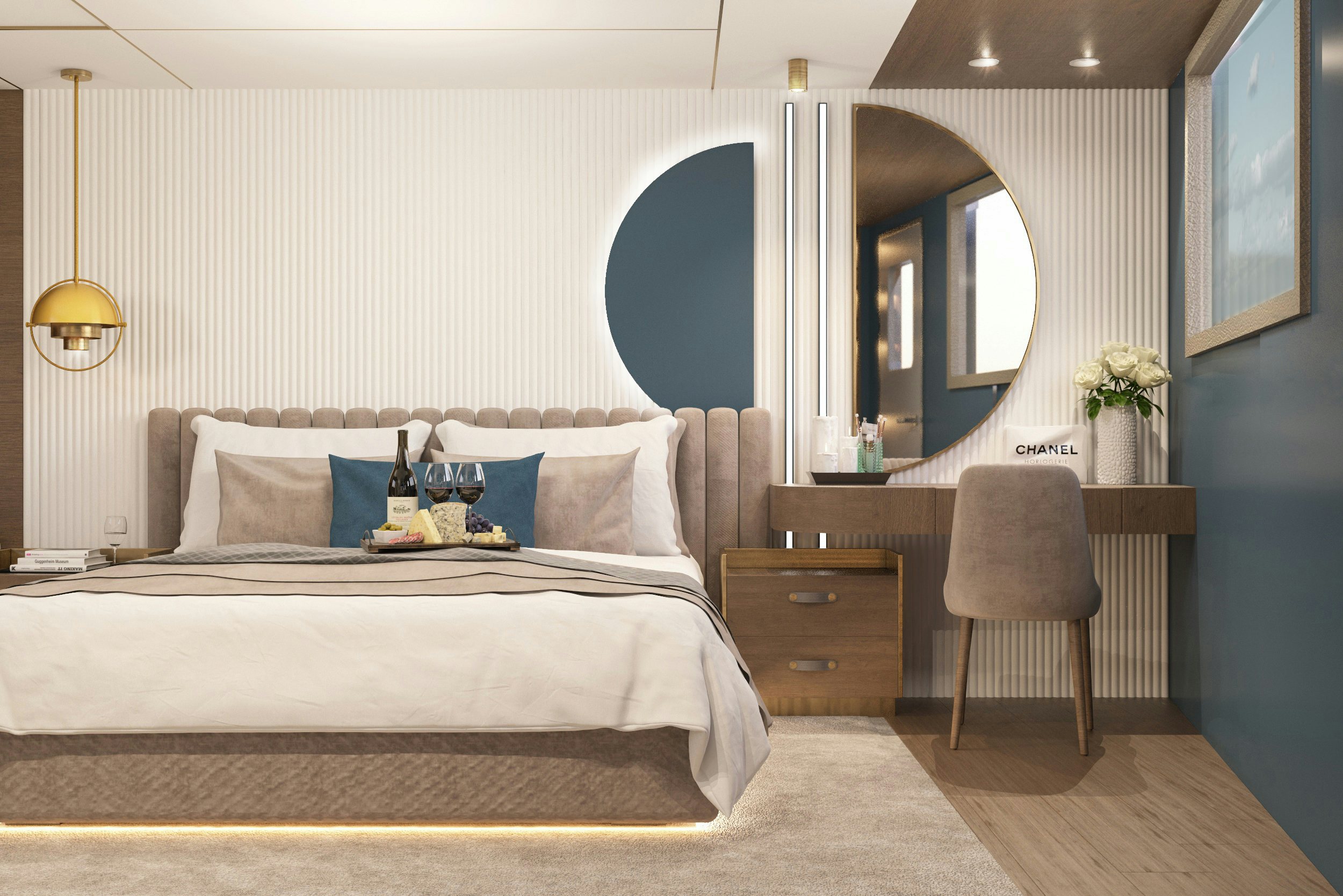 a bed with a white bed spread aboard BELLA Yacht for Charter
