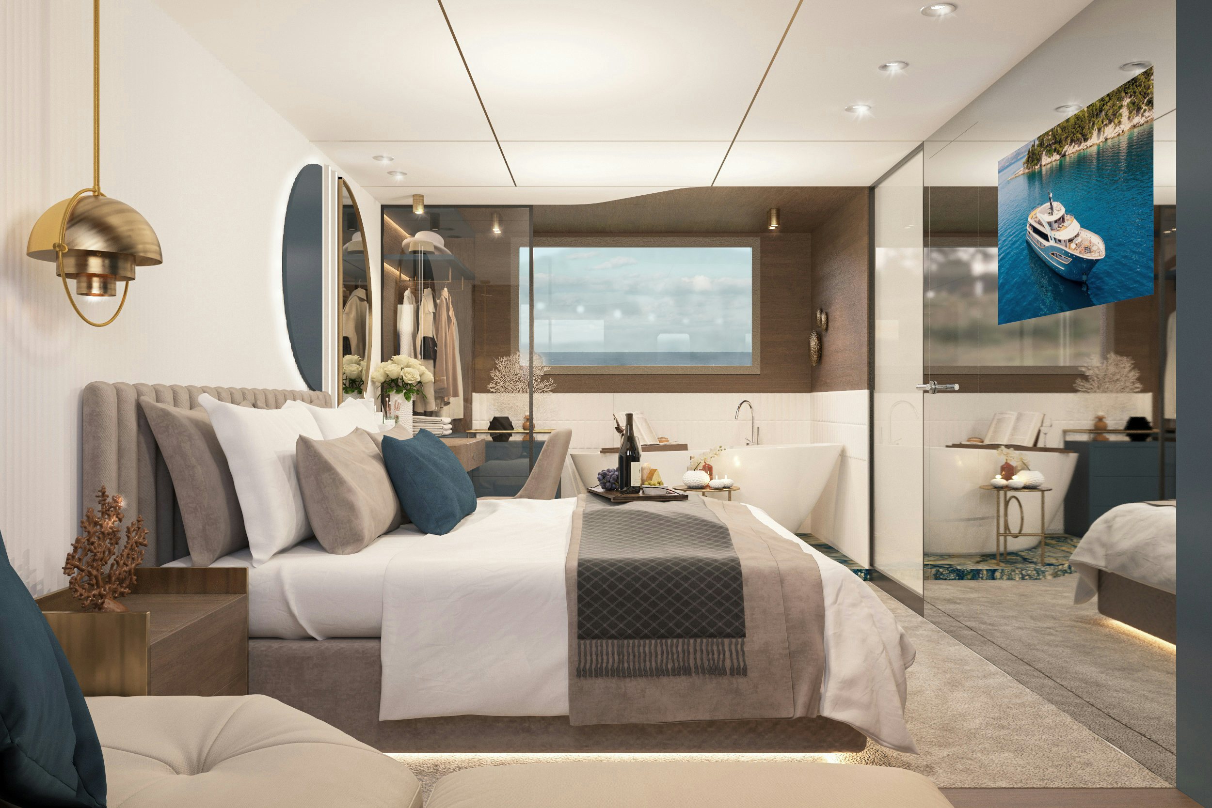 a bedroom with a large bed aboard BELLA Yacht for Charter
