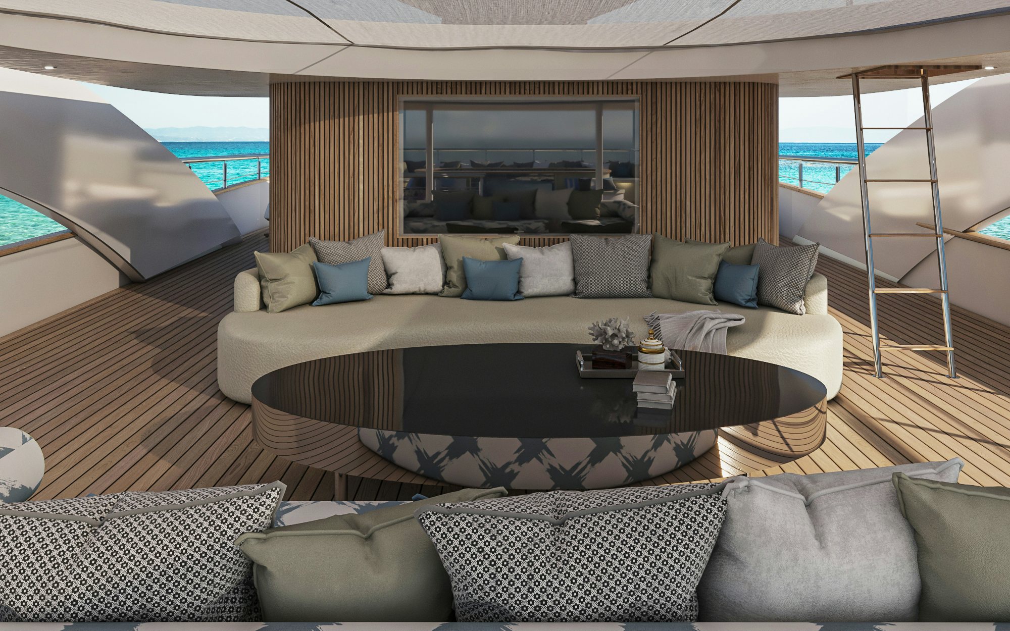 a living room with a large sofa aboard BELLA Yacht for Charter