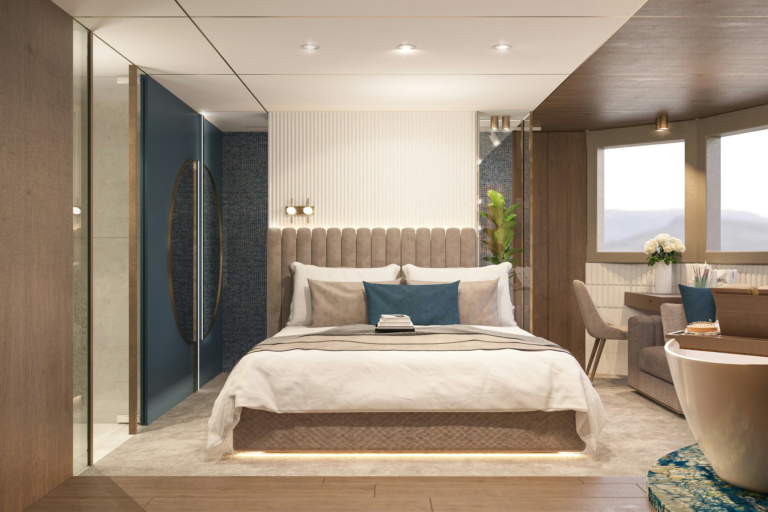 a bed in a room aboard BELLA Yacht for Charter