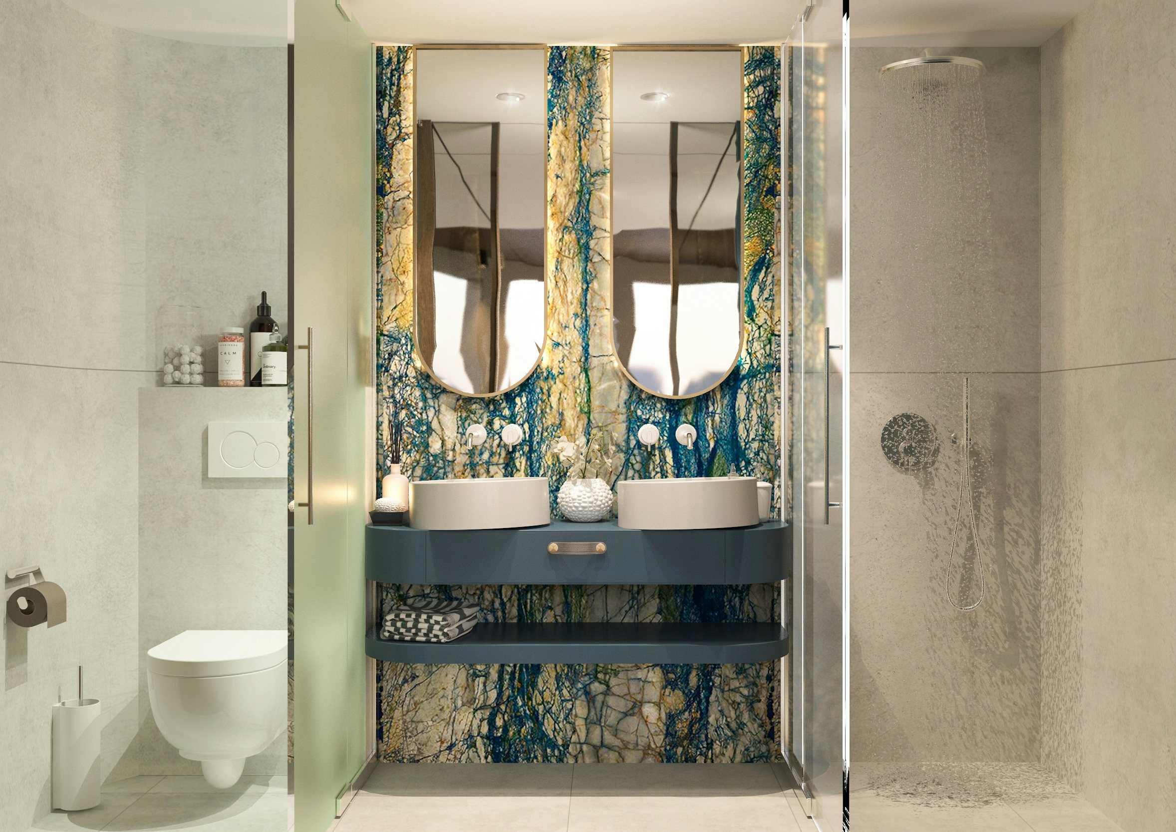 a bathroom with a blue shower curtain aboard BELLA Yacht for Charter