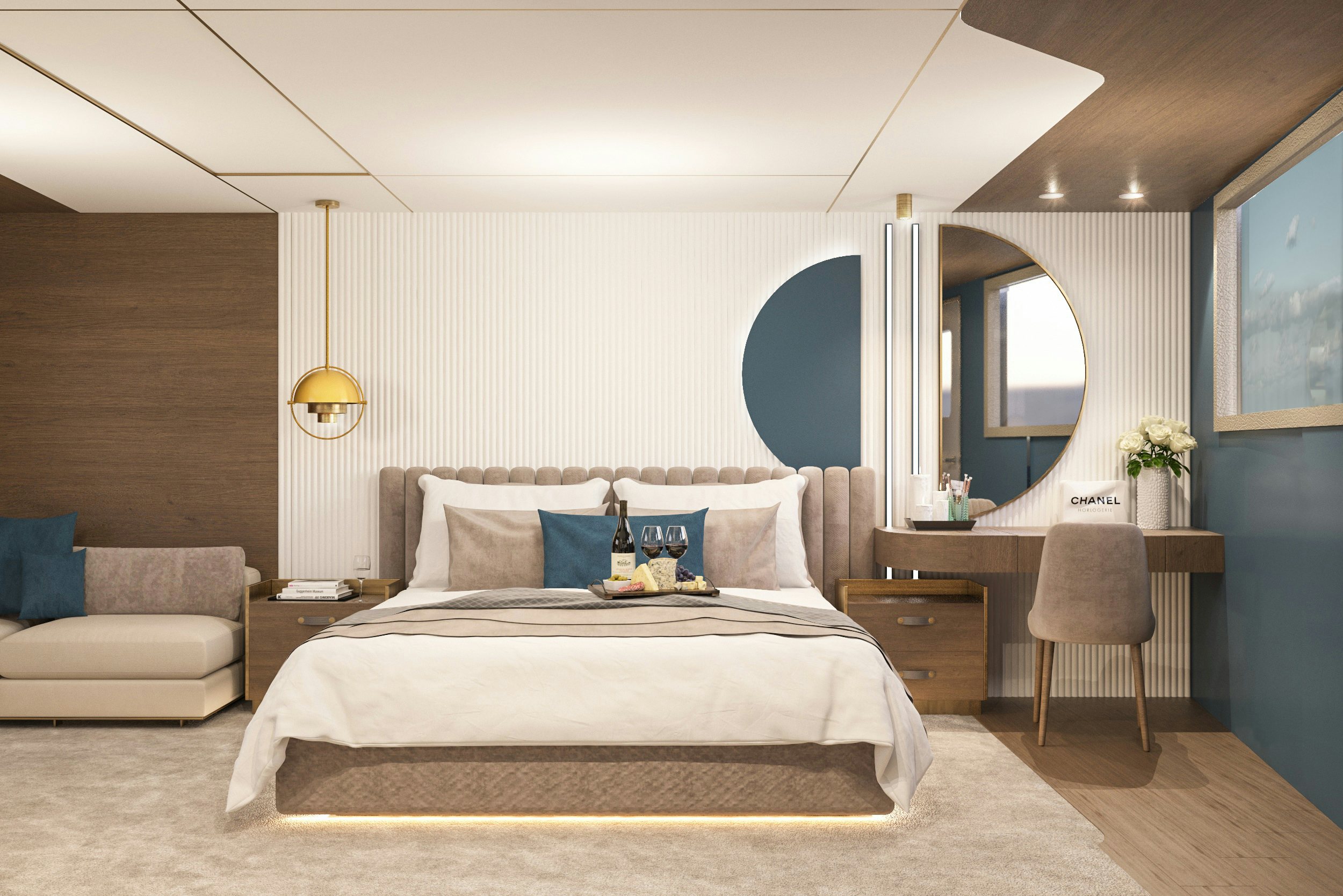 a bedroom with a large bed aboard BELLA Yacht for Charter