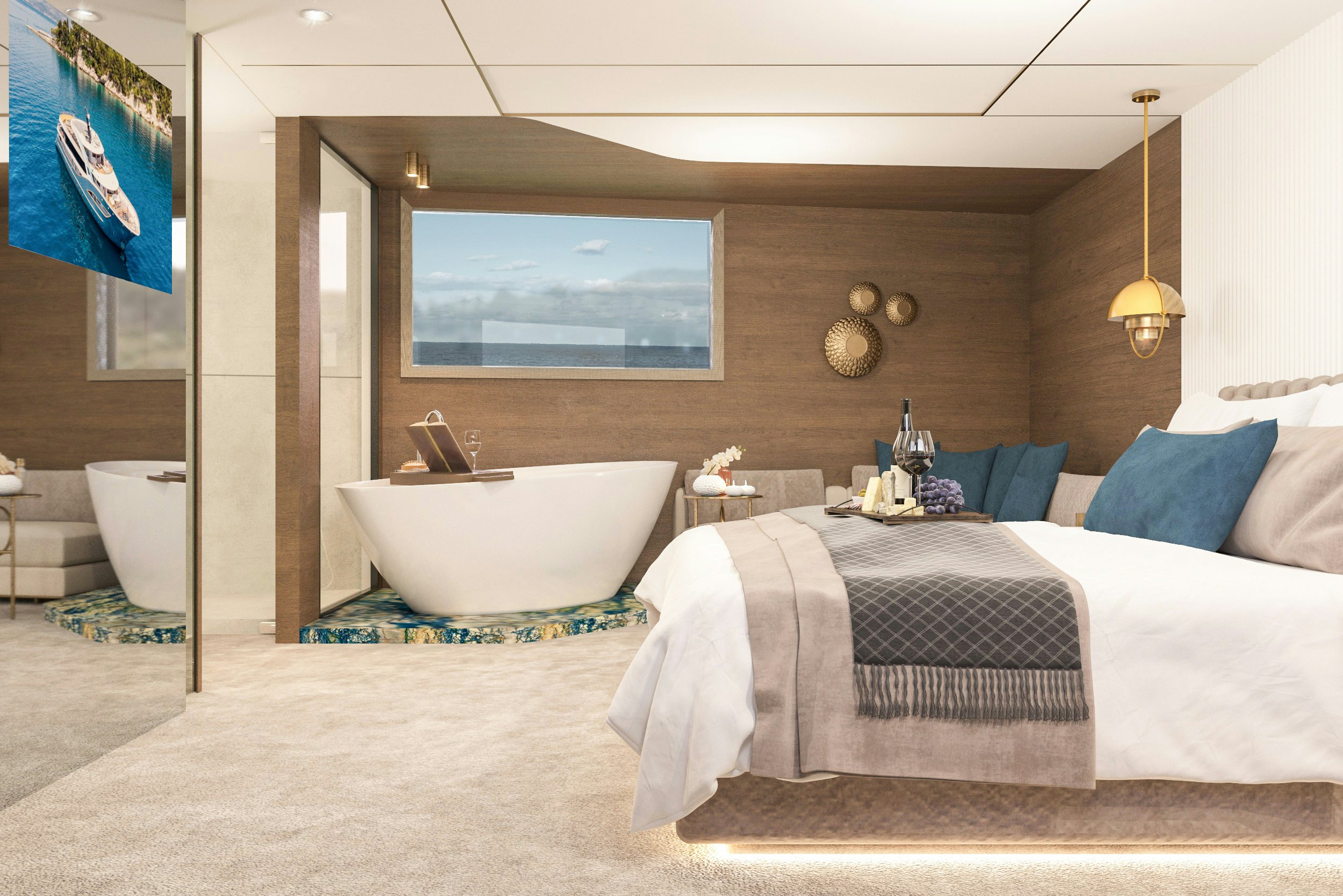 a modern bathroom with a large white bathtub aboard BELLA Yacht for Charter