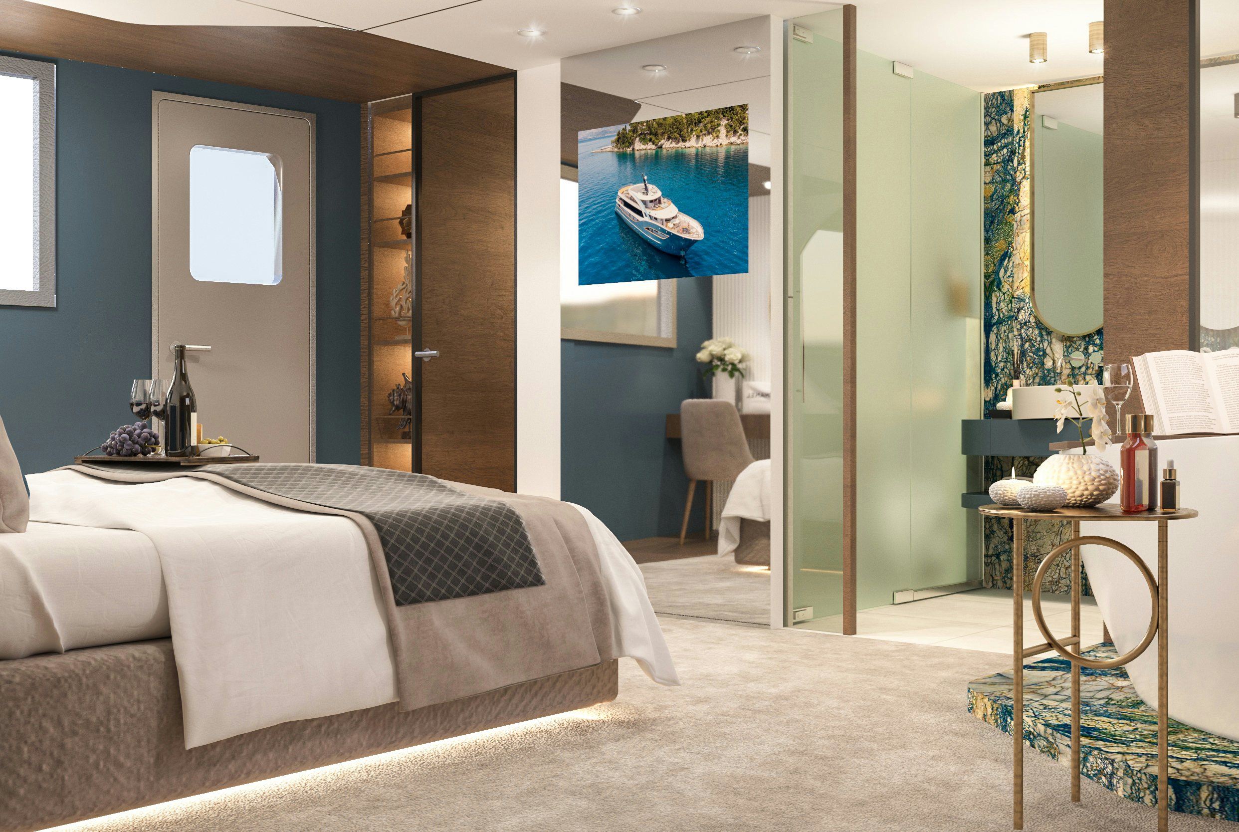 a bedroom with a bed and a table aboard BELLA Yacht for Charter