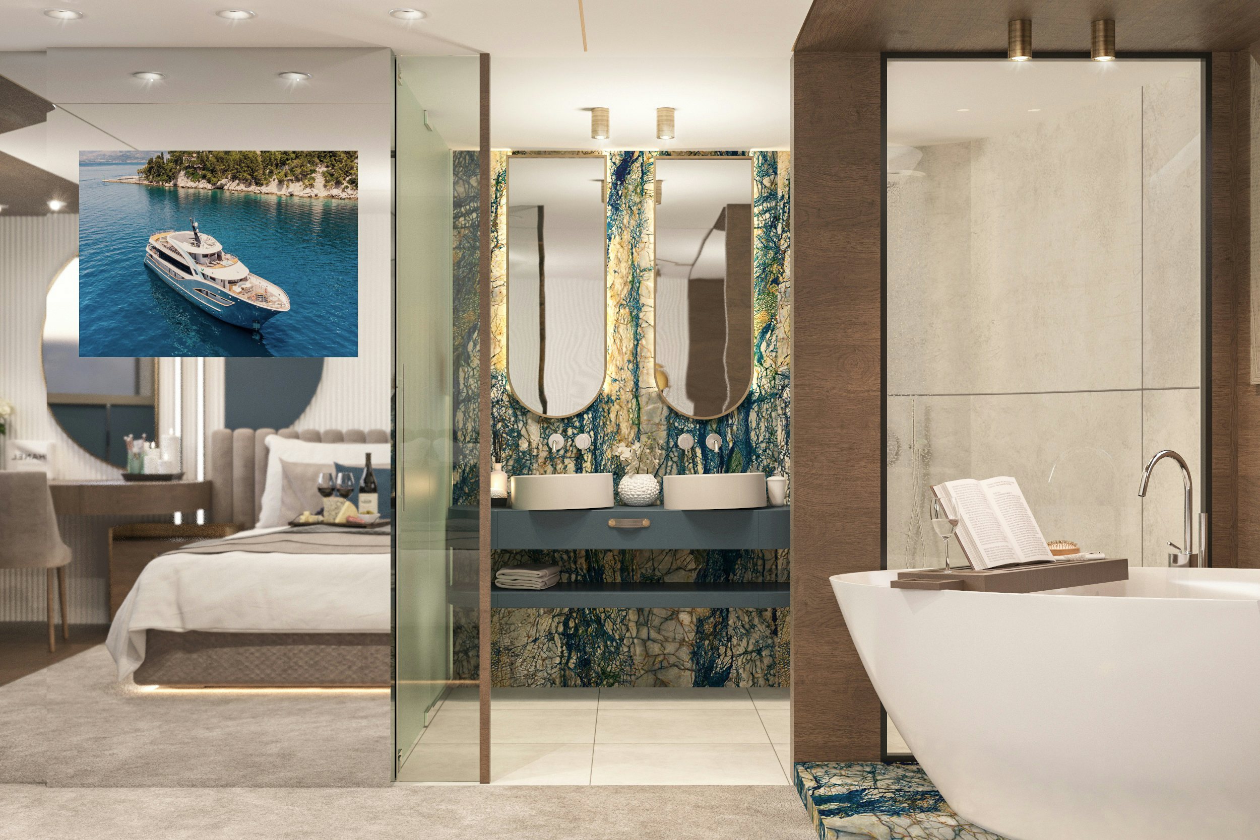 a bathroom with a large mirror aboard BELLA Yacht for Charter