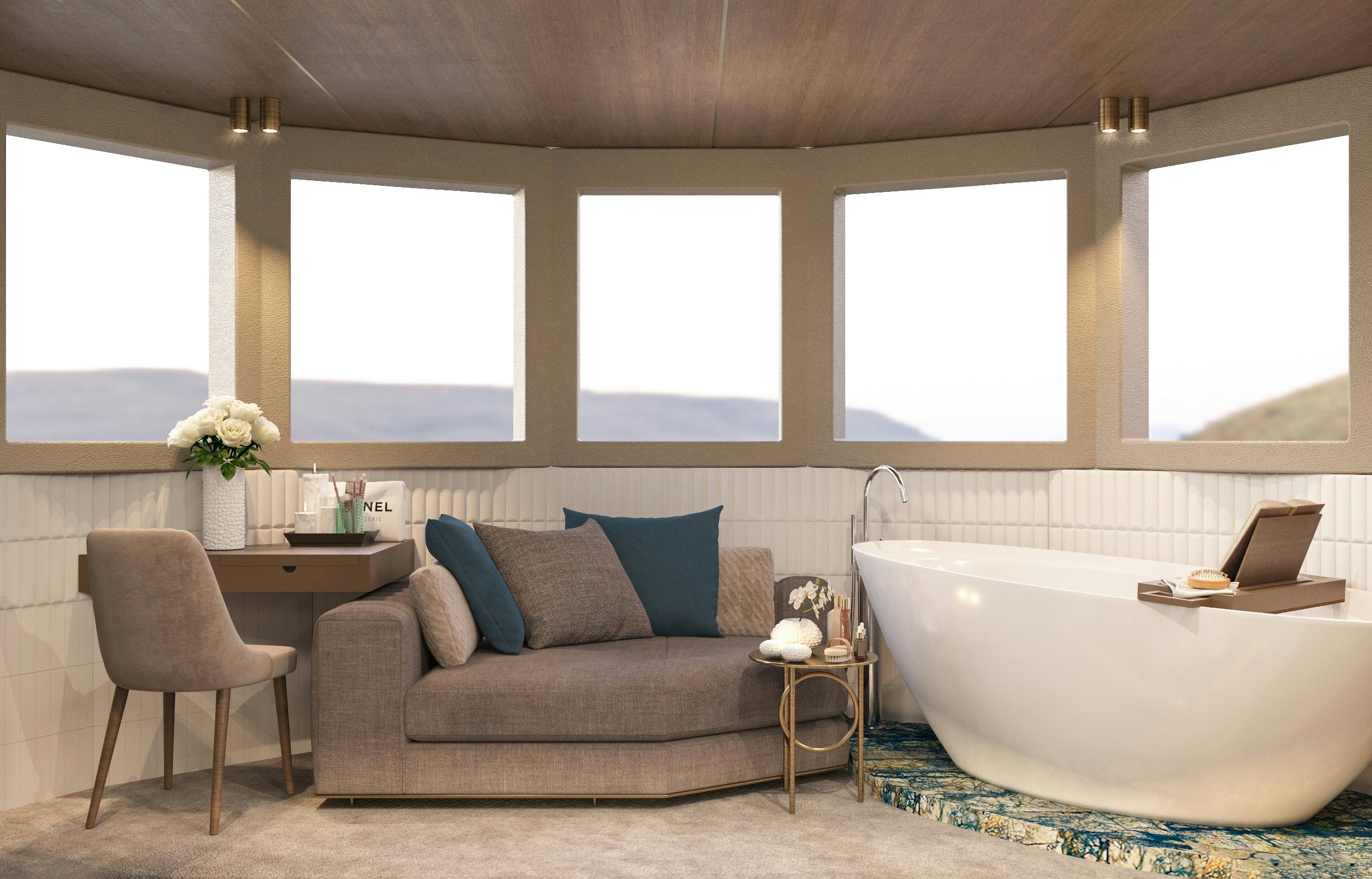 a room with a bed and a chair aboard BELLA Yacht for Charter