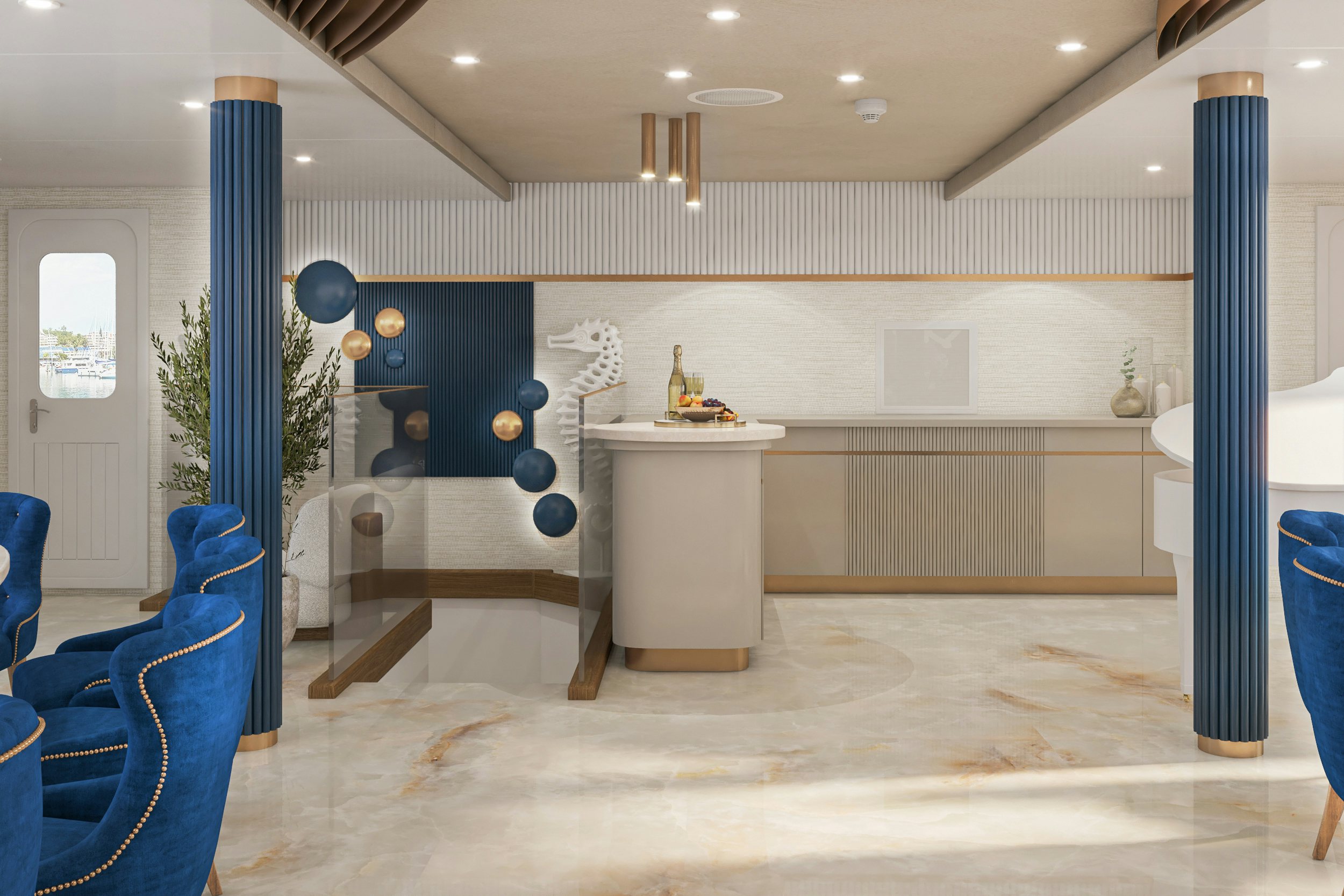 a room with a blue chair and a white table and a blue chair aboard BELLA Yacht for Charter