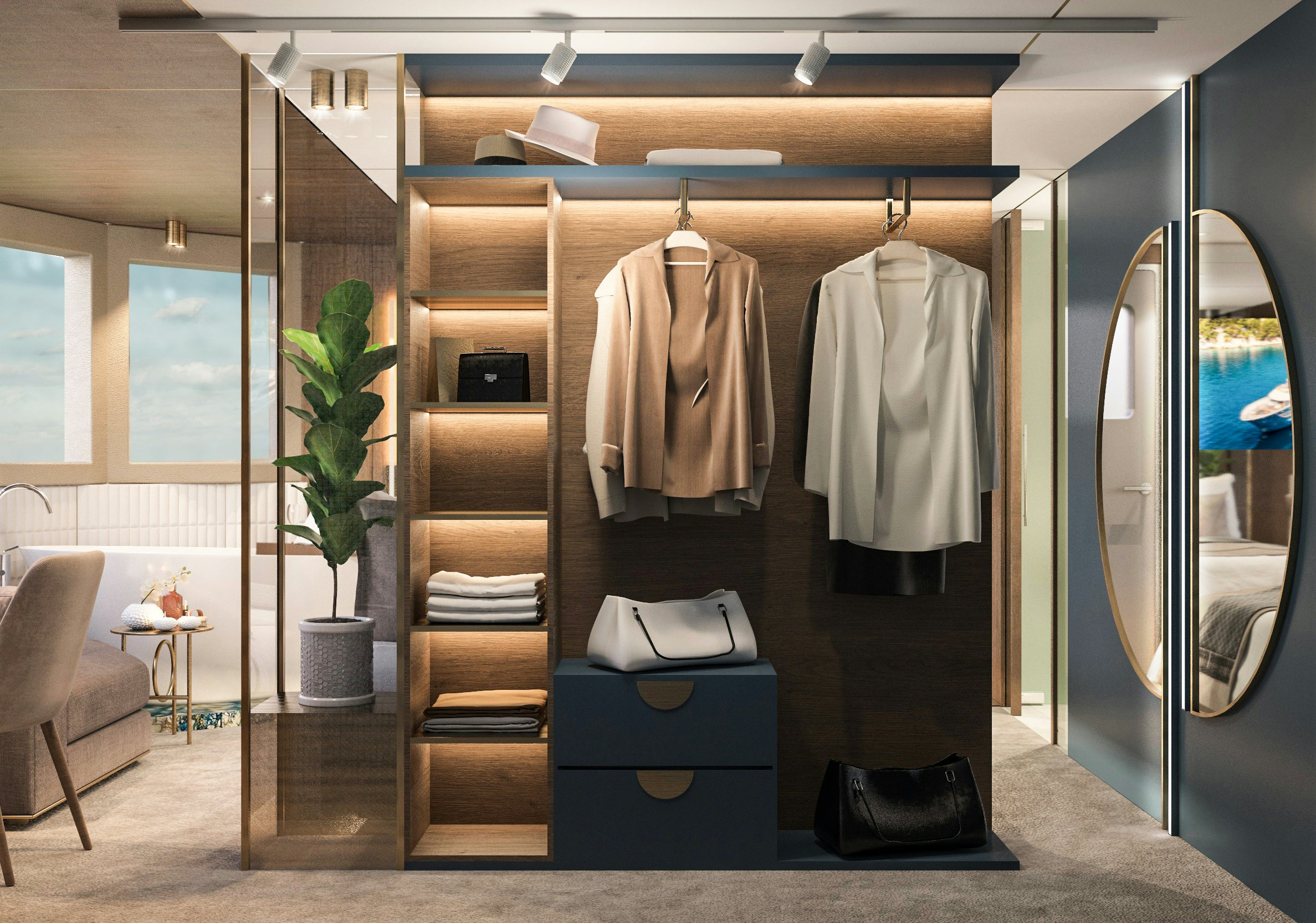 a room with a closet and a chair aboard BELLA Yacht for Charter