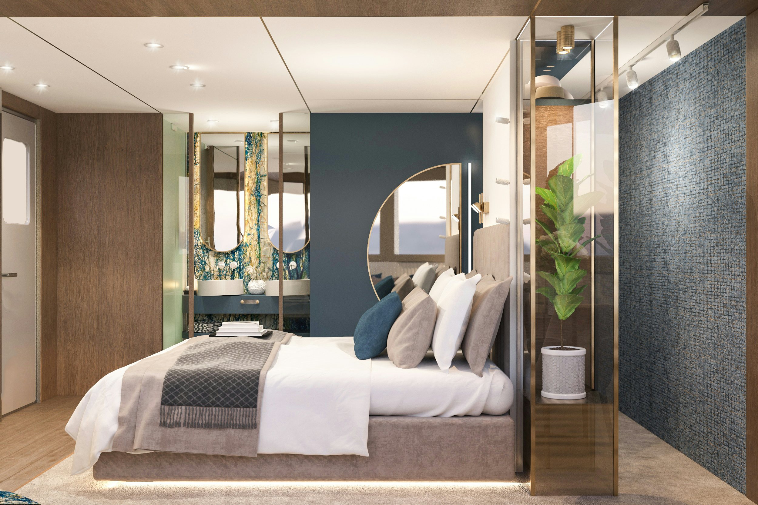 a bed in a room aboard BELLA Yacht for Charter
