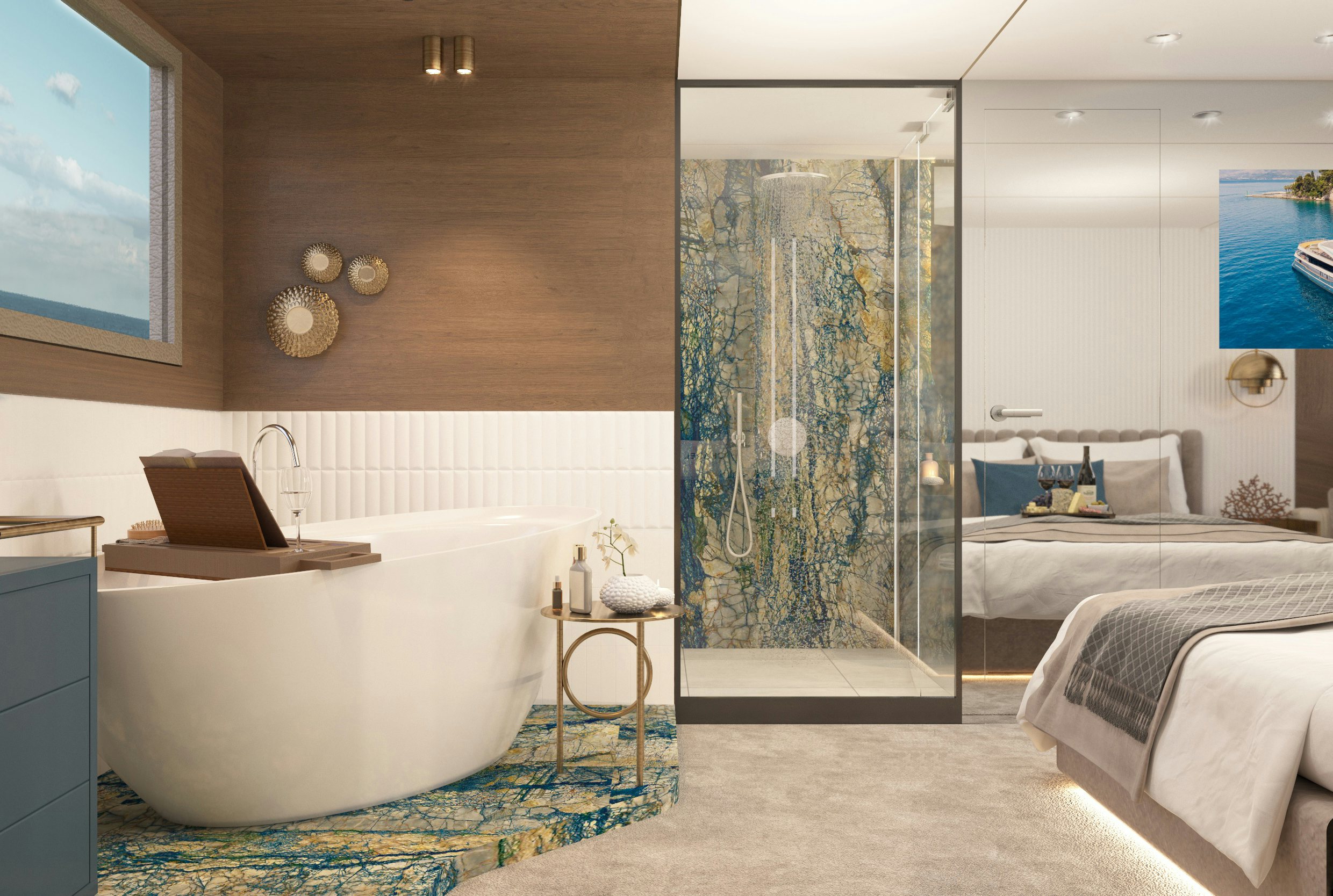 a modern looking bedroom aboard BELLA Yacht for Charter