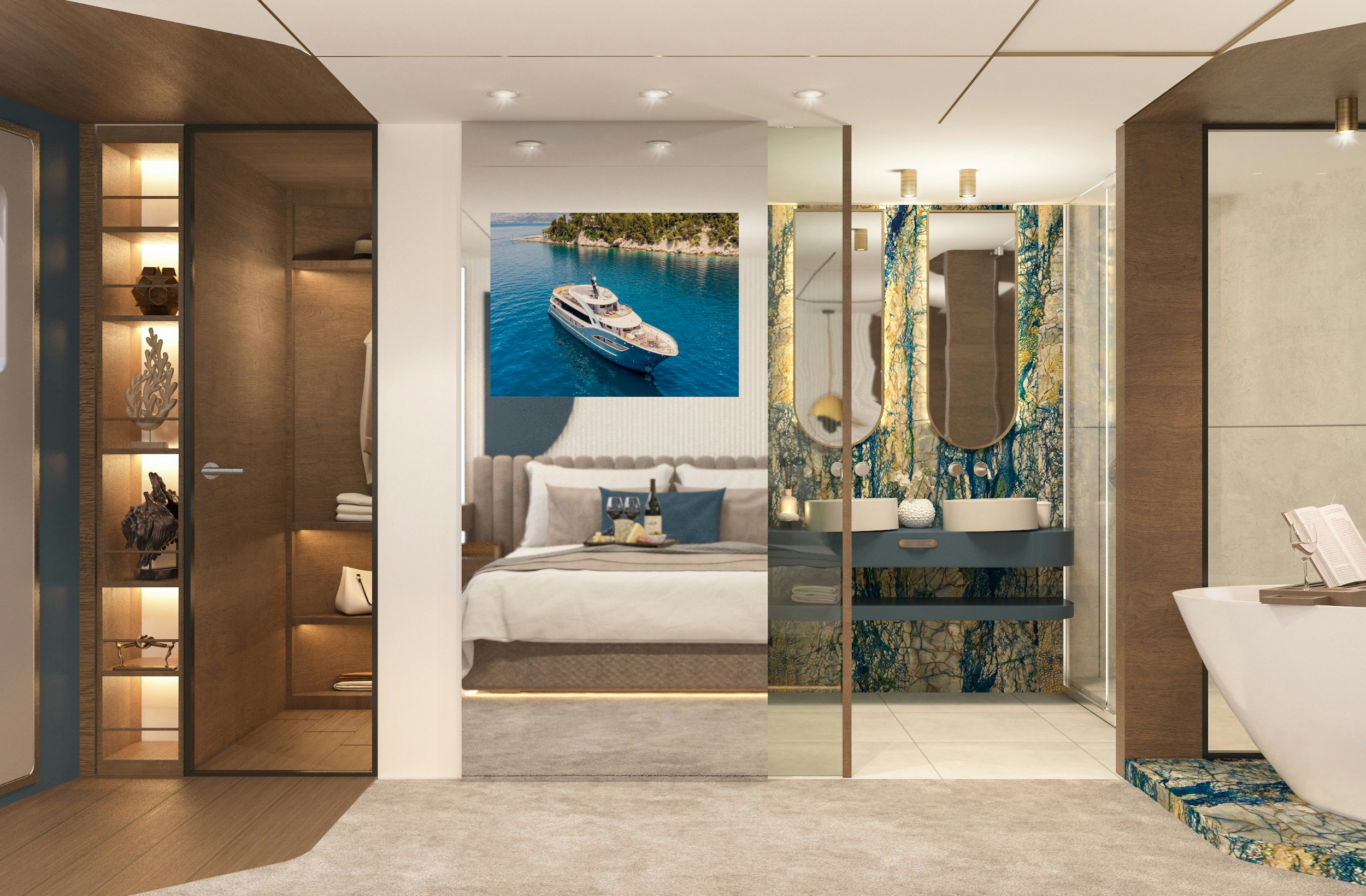 a bathroom with a glass shower aboard BELLA Yacht for Charter